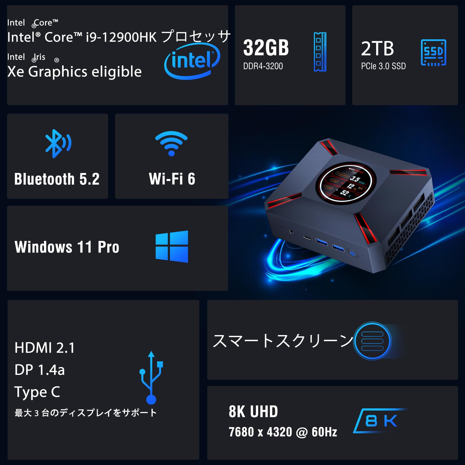 Amazon.co.jp: 「2.1インチLCD搭載」ミニPC Intel Core i9-12900HK
