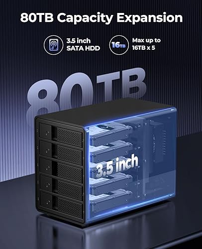 Miniatura 2 de ORICO Caja de disco duro de 5 bahías, sin bandeja, aluminio de 3.5 pulgadas, ventilador de refrigeración integrado de 3.150 in y fuente de