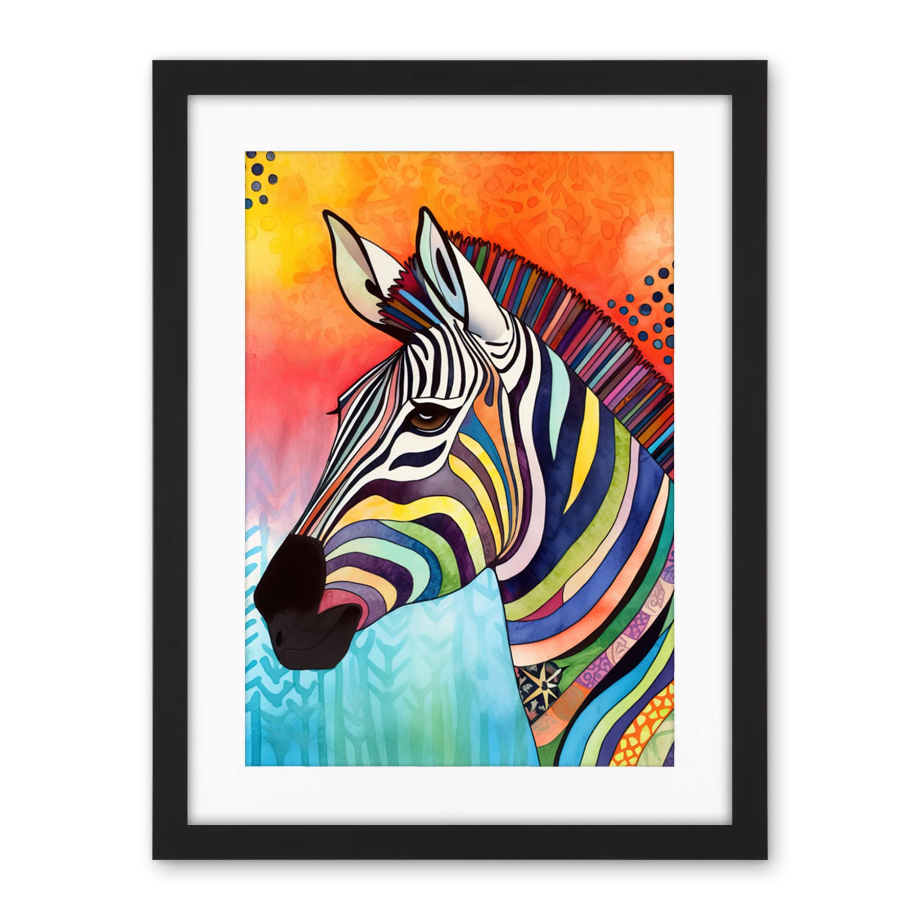 Artery8 Zebra Folk Art Bright Multicoloured Artwork Framed Wall Art Print 18X24 Inch