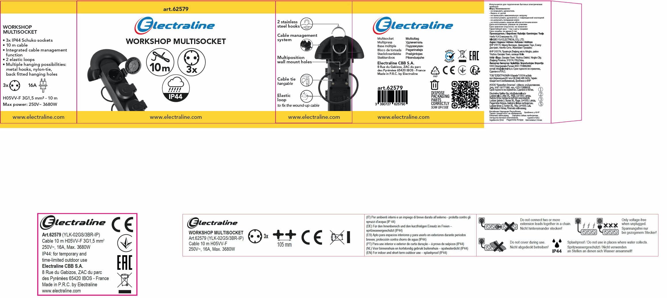 Electraline 62579 Professionelle Steckdosenleiste für den Außenbereich Kabeltrommel mit 10 Meter Verlängerung, 3 Schukosteckdosen mit Kappe, Schuko-Stecker, aufhängbar mit Haken, IP44