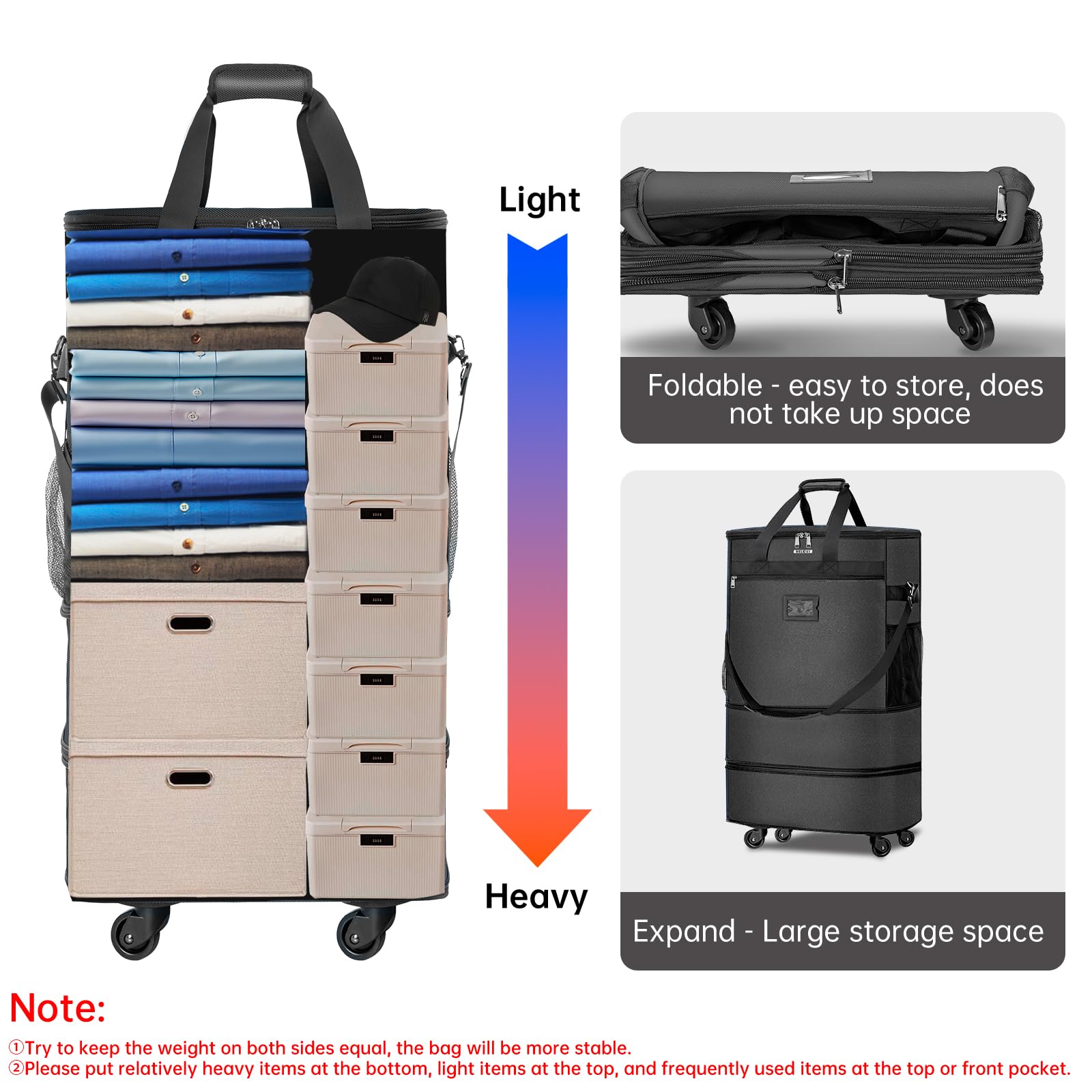 AKOZLIN Valigia pieghevole espandibile con 4 ruote universali, bagaglio pieghevole da 50/61/71 cm, borsa da viaggio di grande capacità, per viaggi di lavoro, nero