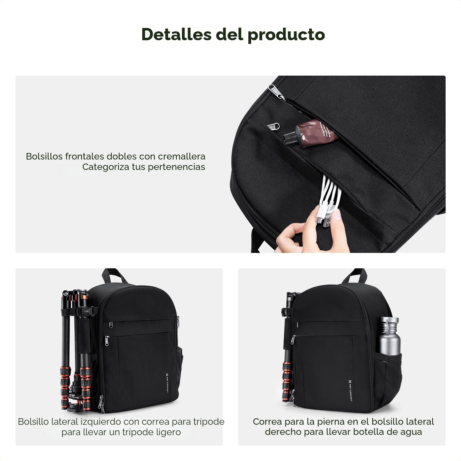 K&F CONCEPT Mochila Camara Fotos 13L, Ligera e Impermeable, Camera Bag, Mochila de Cámara, Compatible con Sony Canon Nikon, Incluye Bolsillos Frontales y Porta Trípode, Negro Mate