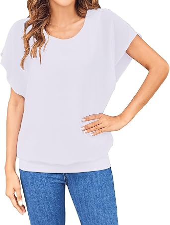 Chiffon Batwing Tops for Women Solid Color Loose Fit Tshirt Casual Short Sleeve Boat Neck Tunic Summer Tops