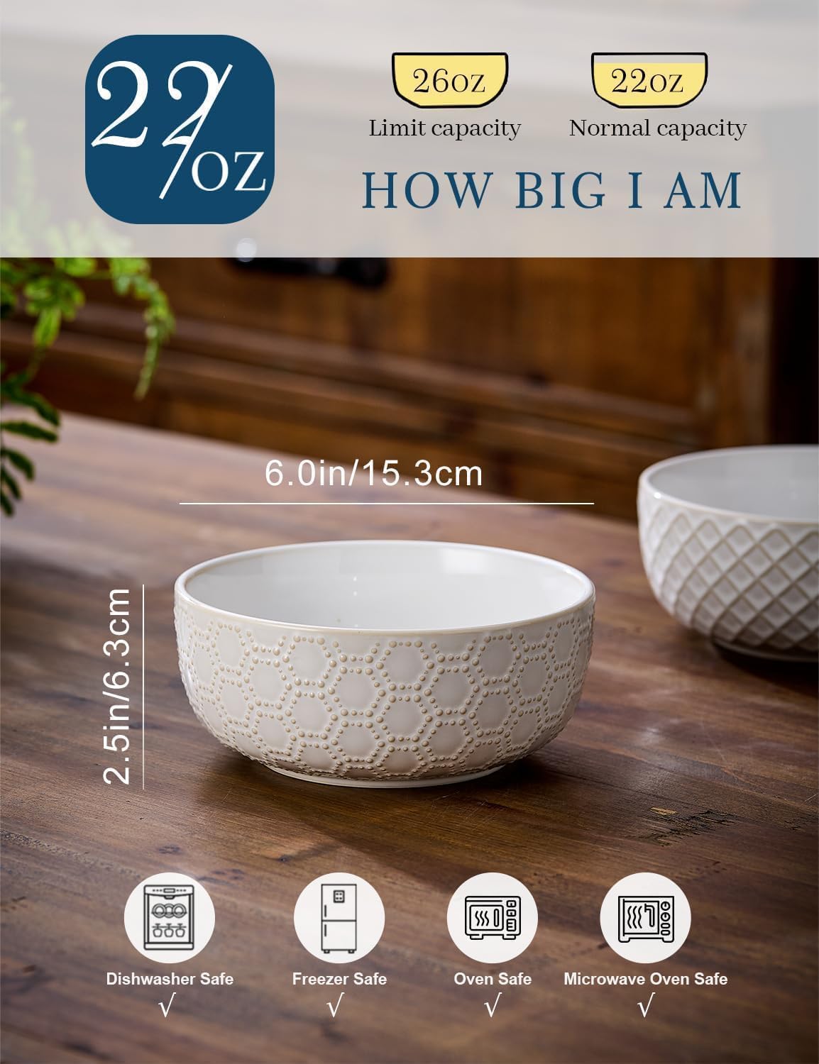 26oz Ceramic Cereal Bowls, Embossed Cereal bowls Set of 4, Large Soup Bowls Wide Anti-Slip Base, Dishwasher & Microwave Safe, 6 inch Stoneware Soup Bowls, Housewarming Gift, Arctic white