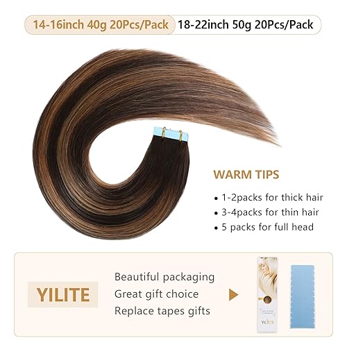 Miniatura 4 de YILITE Extensiones de cabello humano adhesivas #2-6-2, cabello lacio, balayage, raíces de color marrón oscuro que se desvanecen a marrón más oscuro