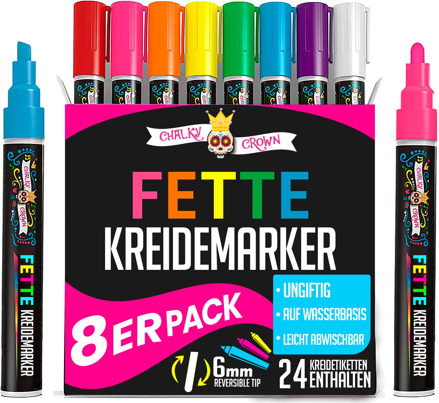 Chalky Crown - Kreidestifte für Tafel Abwaschbar - Für Tafeln, Schilder, Fenster, Glas - Umkehrbare Spitze (8er-Pack) - Mehrfarbig, 6 mm
