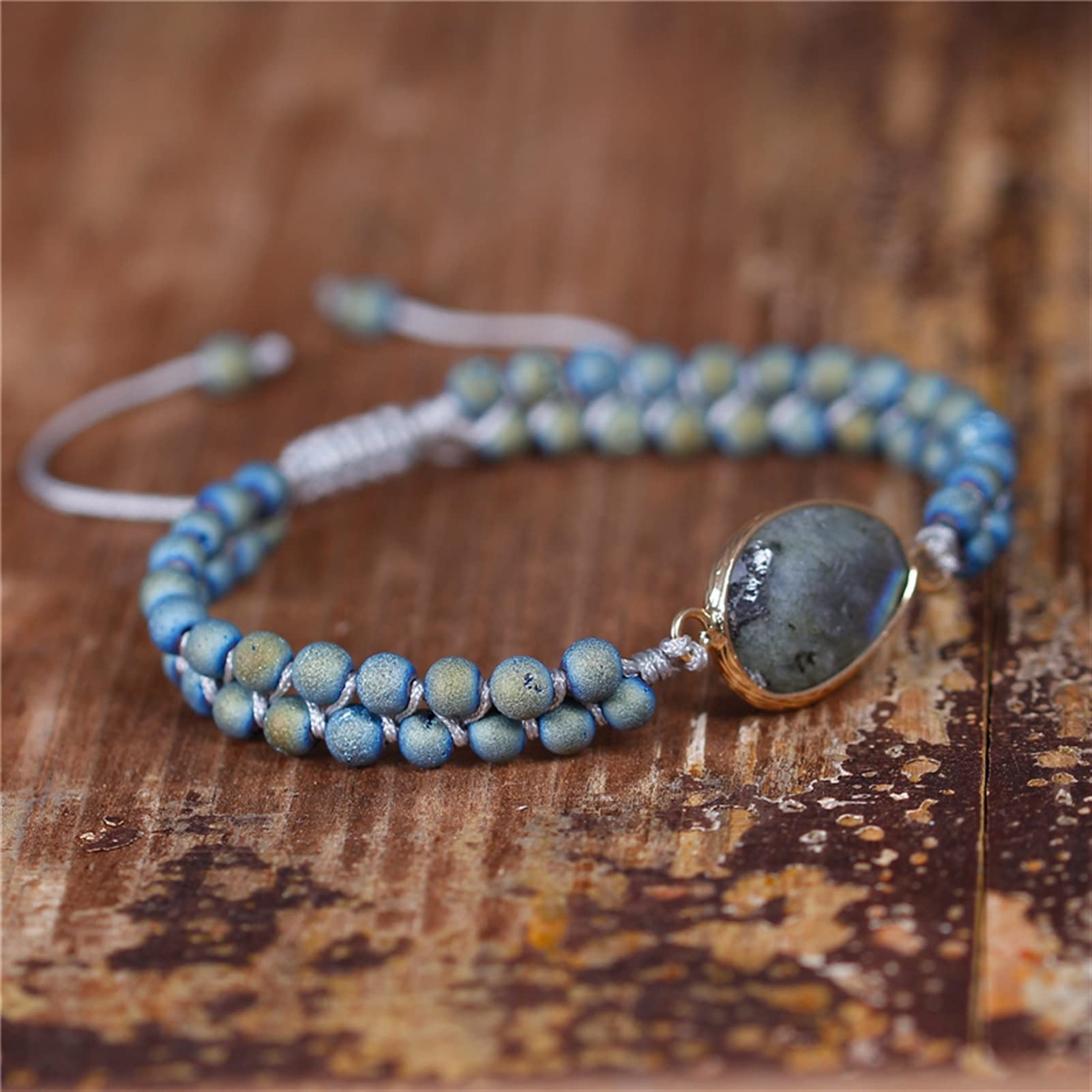 LYGBAOFUL Pulseras de Piedra Natural Labradoritas Pulseras con dijes Pulseras de macramé Trenzadas con Cuentas Pulsera Envuelta Joyería de Mujer joyería (Metal Color : Women Size)