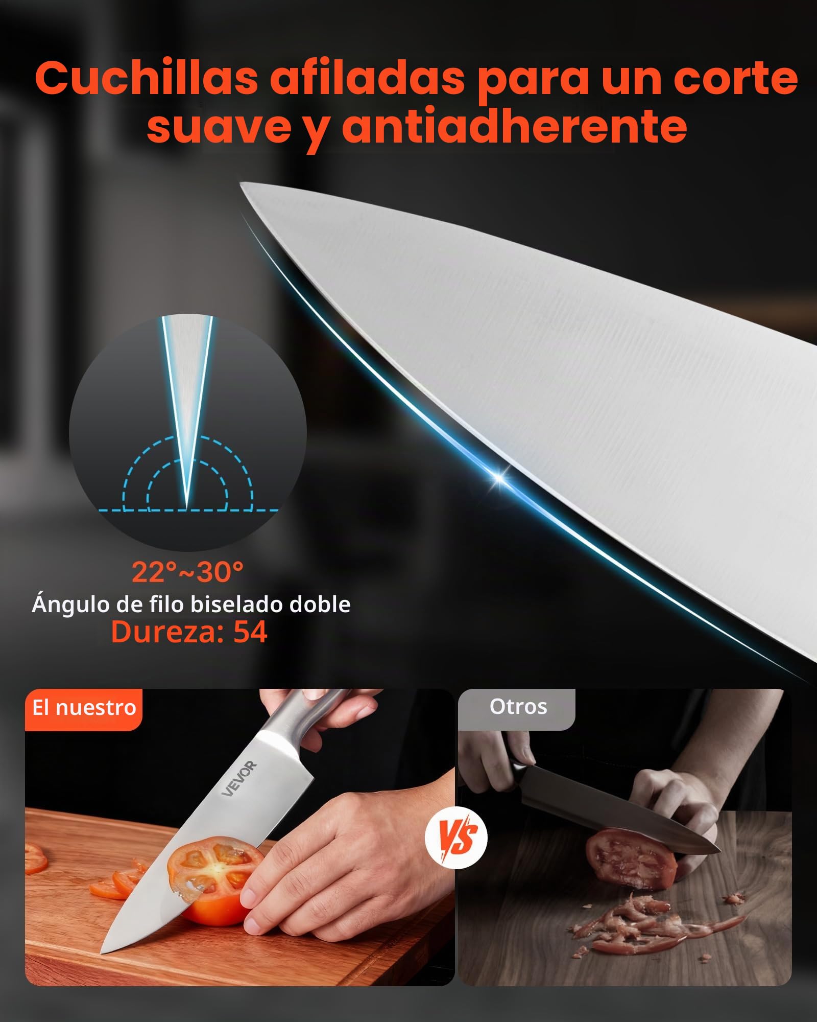 VEVOR Juego de Cuchillos de Cocina, con Bloque de Madera y Afilador, con Cuchillos Afilados de Acero Inoxidable de Alto Carbono, con Mango Ergonómico, 15 Piezas, 123 x 190 x 345 mm, Color Plata