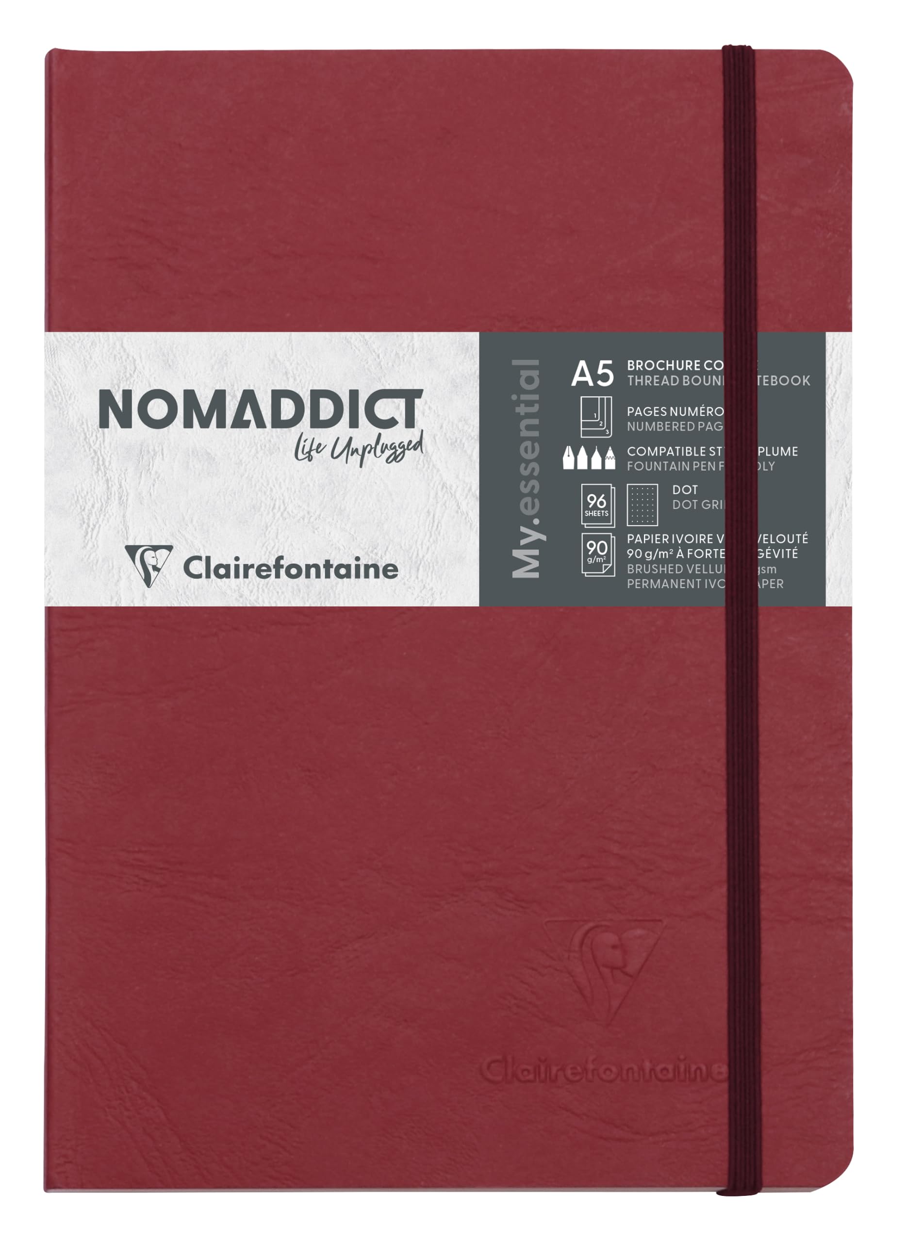 Clairefontaine 793432C Collection Age Bag Stitched MyEssential Elastic Notebook Red - A5 14,8x21 cm - 192 DOT Numbered Pages - 90 g Ivory Paper - Leather Cover