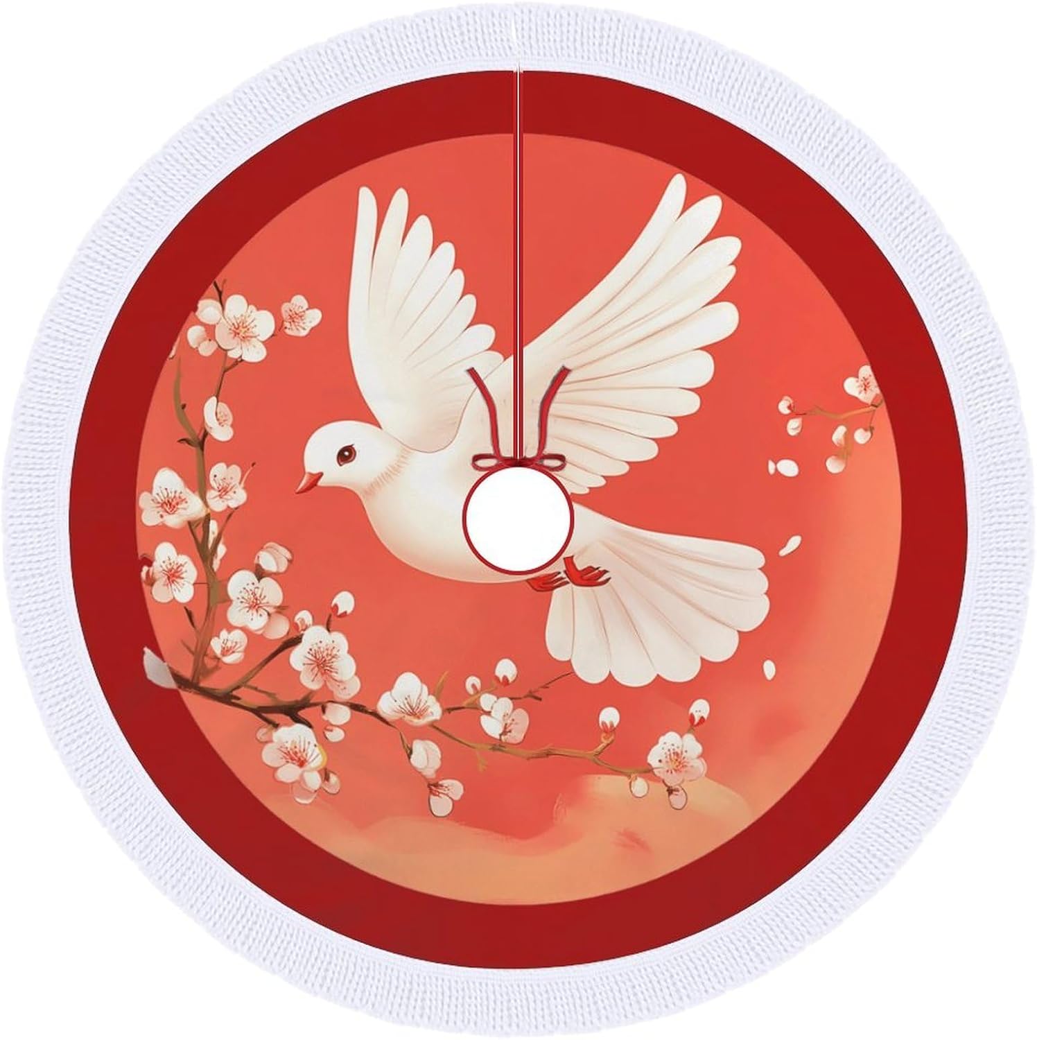 Beautiful Flying White Dovees Christmas Tree Skirt Round Xmas Tree Mat Ornaments Tree Skirts with Tassels for Holiday Party