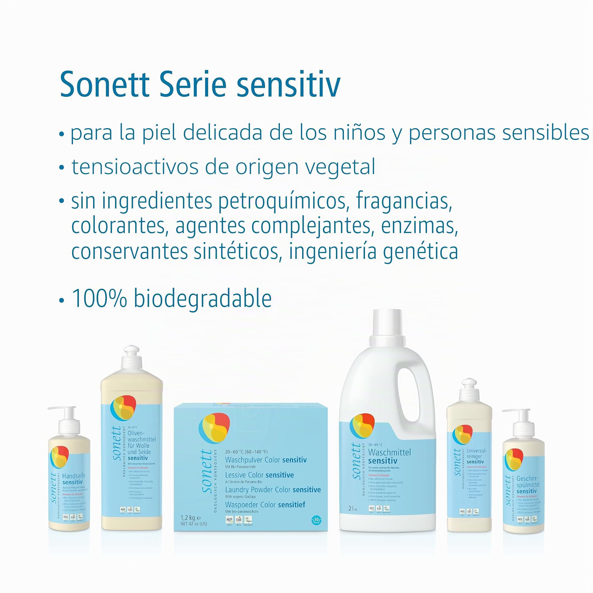 Detergente en polvo Color Sensitiv: con jabón vegetal orgánico puro, 100% biodegradable.