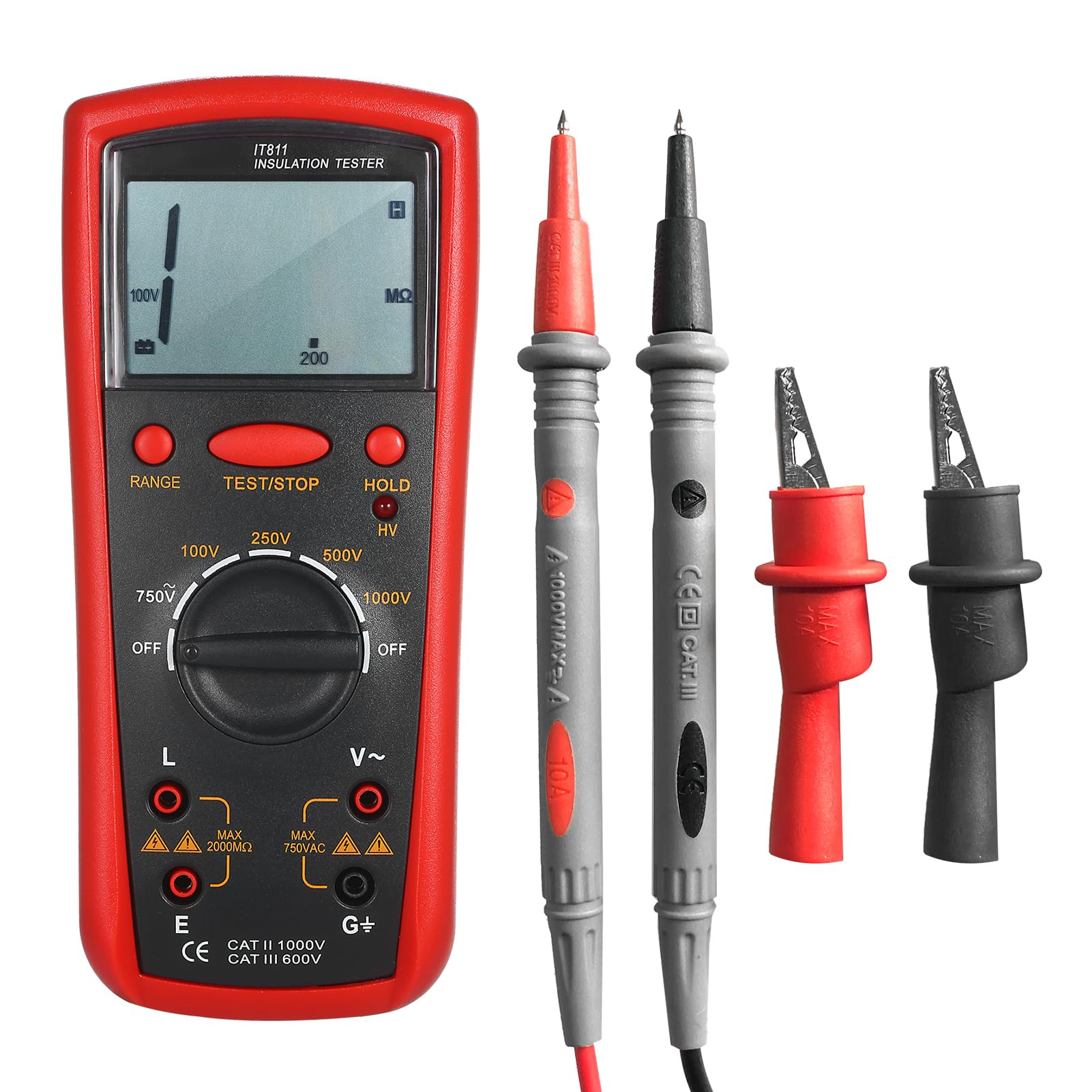 Fafeicy Tester Digitale Per La Resistenza Di Isolamento 100 V 250 V 500 1000 Megaohmmetro a Gamma Automatica 0,1 MΩ-2000 MΩ Rilevamento Tensione CA Display LCD con Custodia