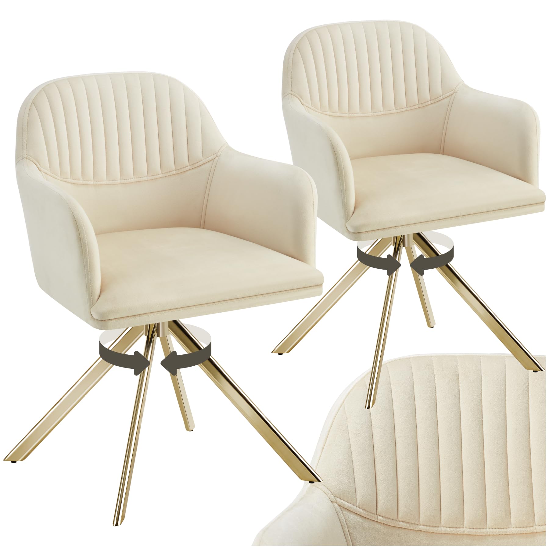 tectake® Esszimmerstuhl drehbar, Armlehnstuhl drehbar, ergonomischer Stuhl Samt, Stühle für Esszimmer, Möbel für Wohnzimmer, Arbeitszimmer, Esstisch, Schminktisch - 2er Set - Creme/Gold