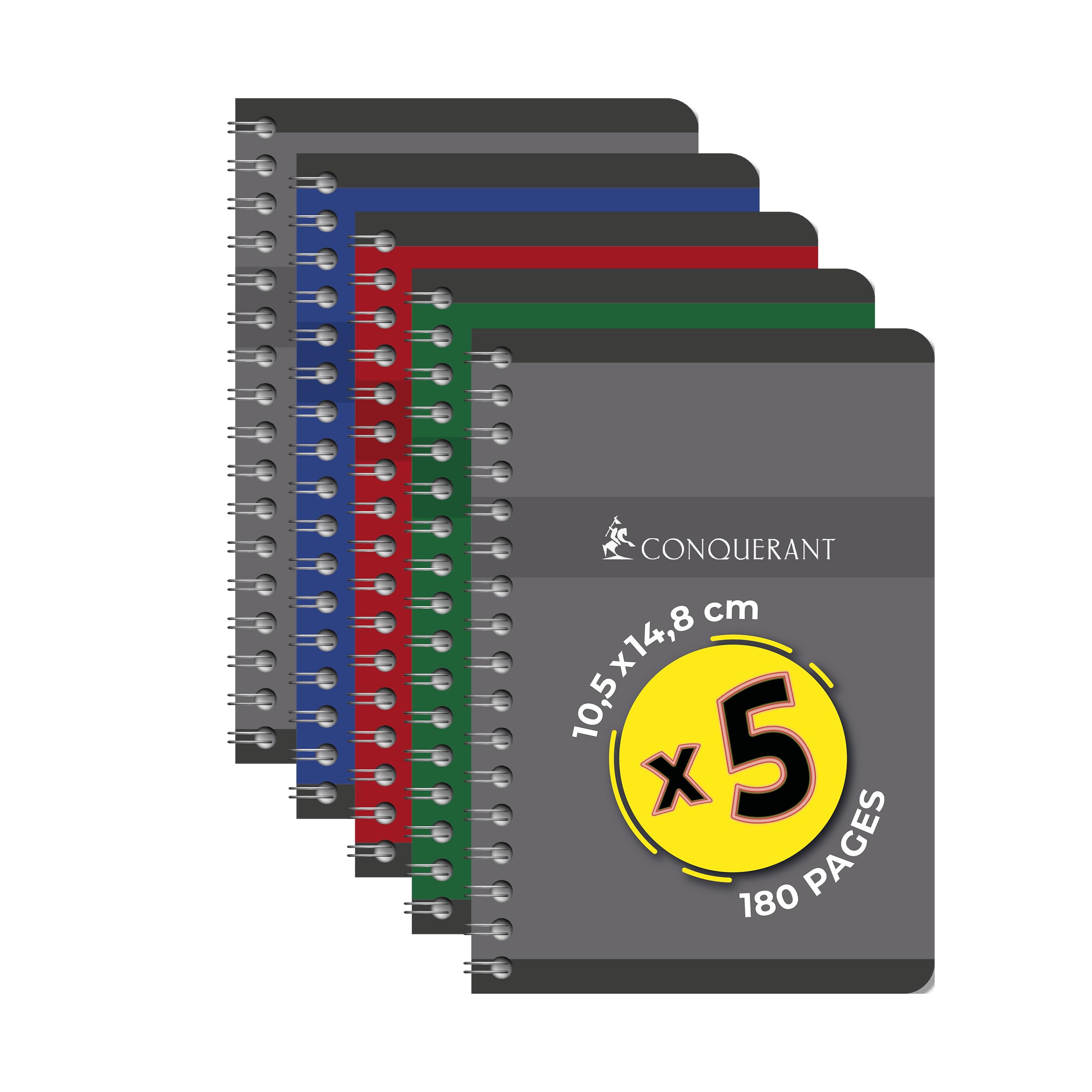 Lot De 5 Cahiers A5 Conquérant - 180 Pages Petits Carreaux 5mm - Couverture Recyclée - Fabriqué En France