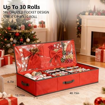 VoMii Wrapping Paper Organizer Storage,40 Inch Gift Wrap Organizer Storage Container Holder Underbed Bag With Interior Pockets,Fits 24 Rolls of Christmas Wrapping Paper, Bows, and Ribbons
