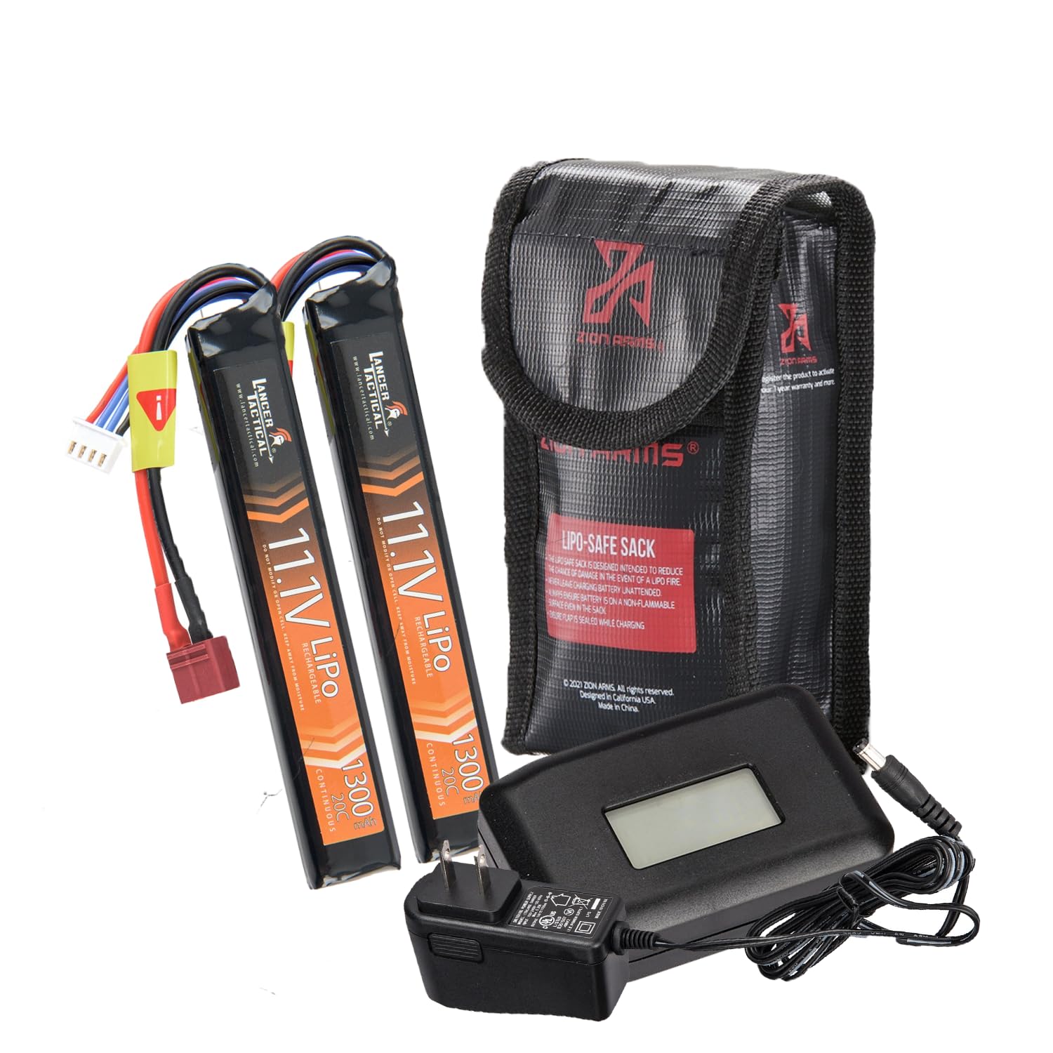 Lancer Tactical Two Packs LiPo Airsoft High-Performance Battery & Charger 11.1V 1300mAh 15C/20C Stick - Tamiya/Dean Connector, (Includes Safety Charging Bag)