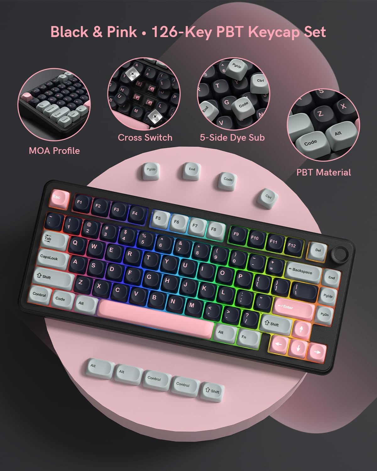 Dye Sublimation PBT Keycap for Mechanical Keyboard, MOA Profile, 126 Keys, Custom Keyboard Keycaps Set, Compatible with MX Cherry Switches and ANSI, 60%/75%/96%/104% Layout, Black & Pink