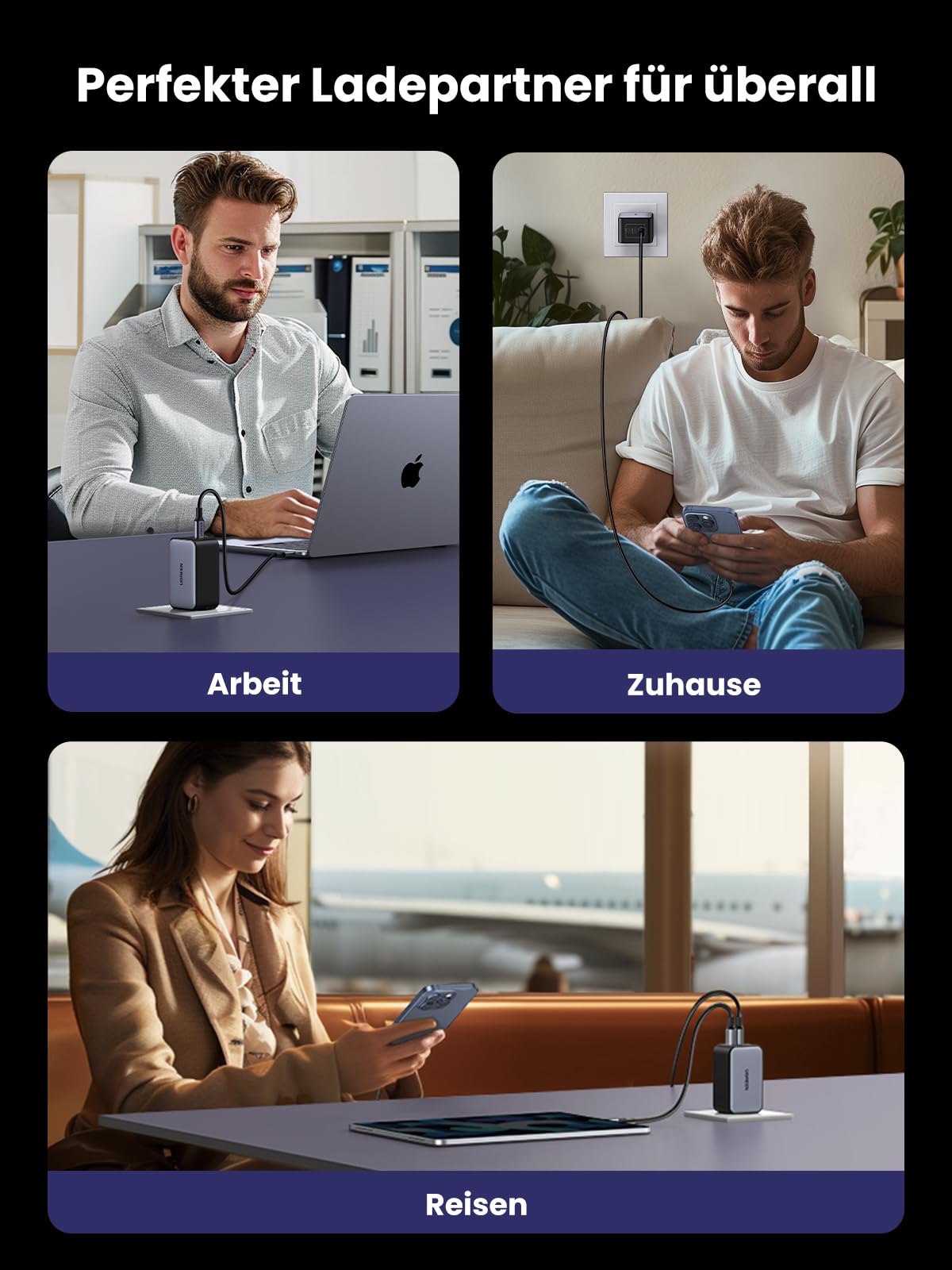 UGREEN Nexode USB C Ladegerät 65W GaN Netzteil mit 3X USB-C-Port Schnellladegerät Kompakt Charger kompatibel mit MacBook Pro/Air, HP Laptop, iPad, iPhone 17, Galaxy S24