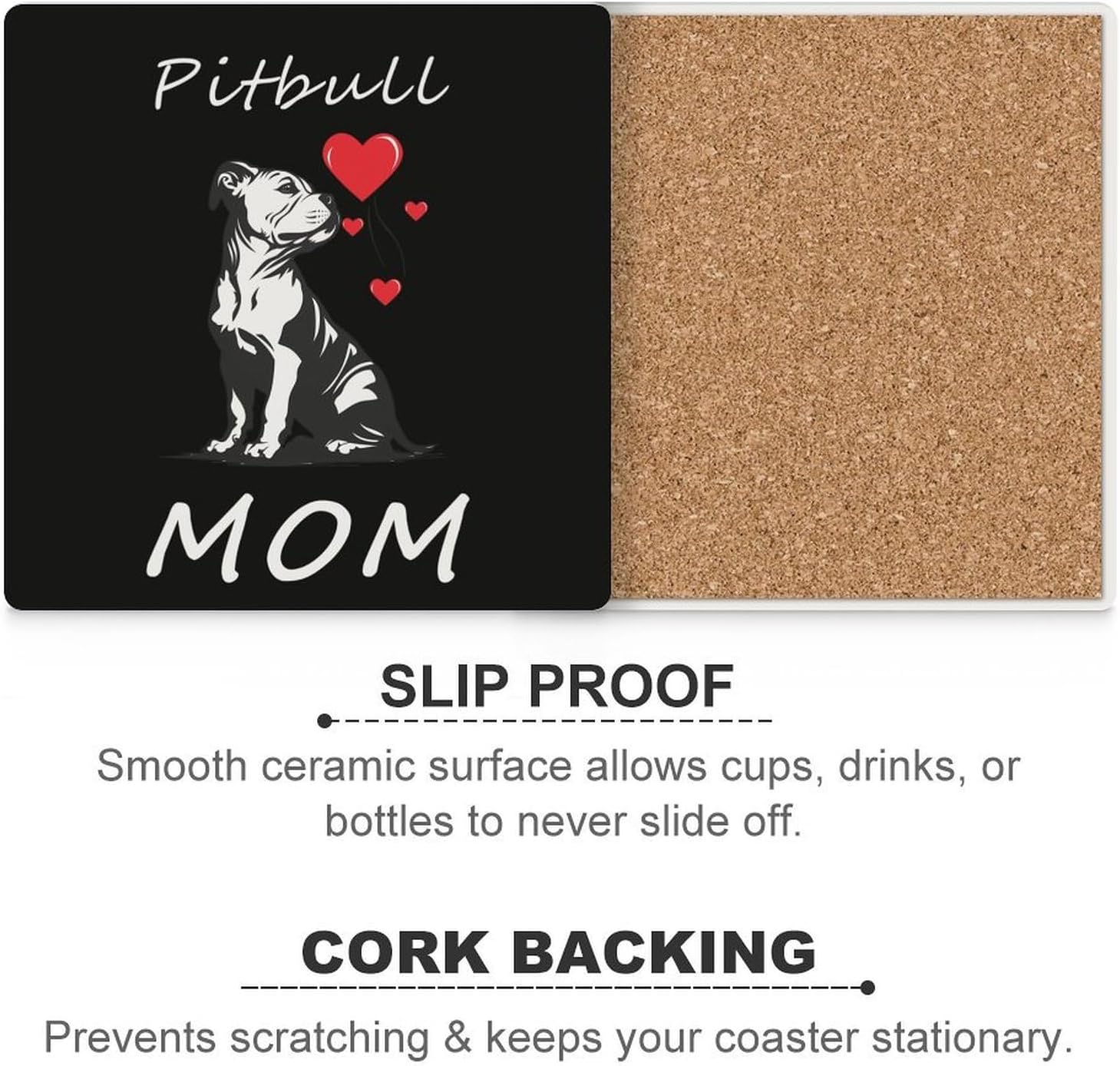 Pitbull Mom Coaster for Drinks Square Ceramic Table Coasters Stone Mat Crafts 6PCS Home Kitchen Decor