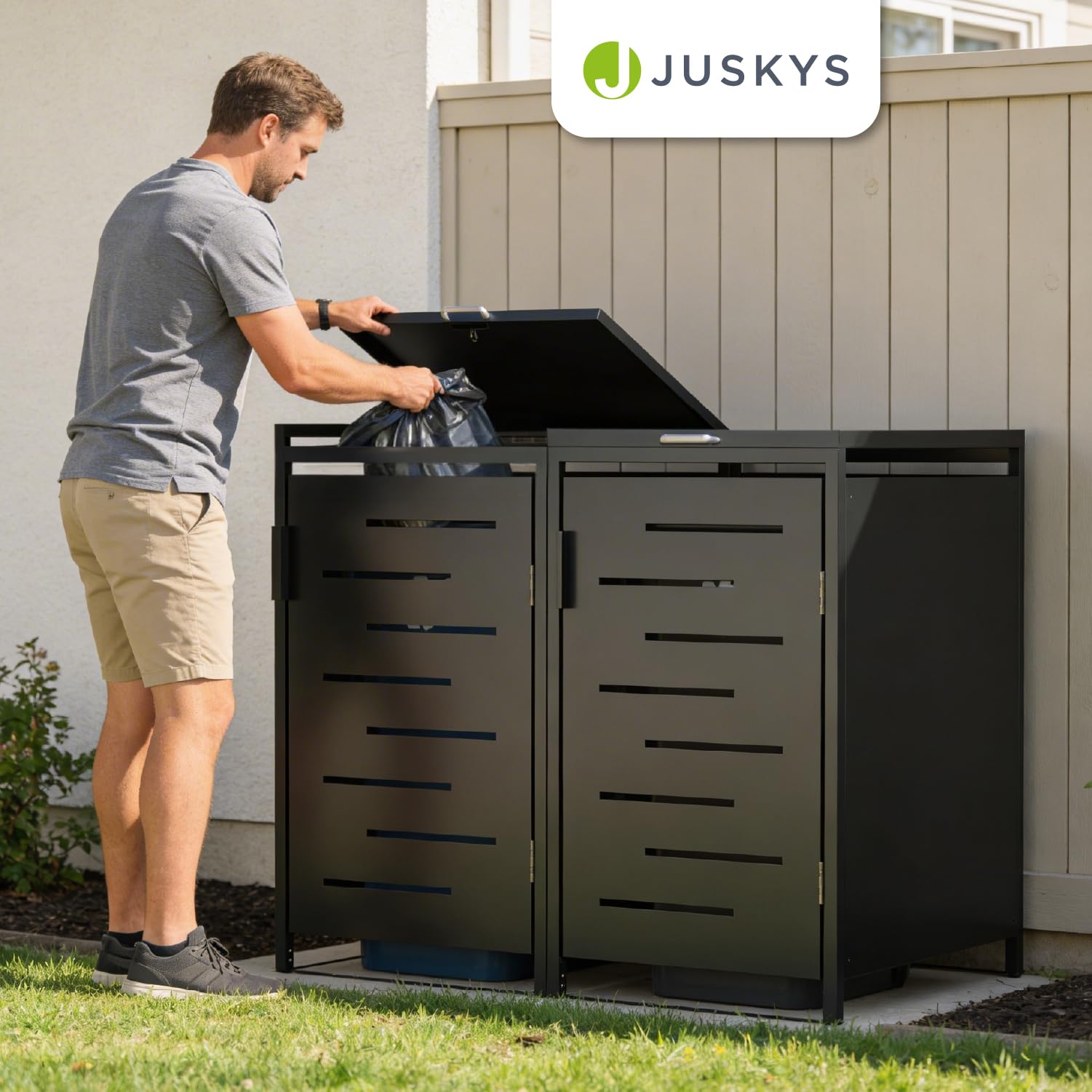 Juskys Cache-Poubelle Arel - Box de Jardin en métal pour 2 poubelles de 120l - Box de Rangement verrouillable - Abri avec Toit & vérin à gaz - Anthracite