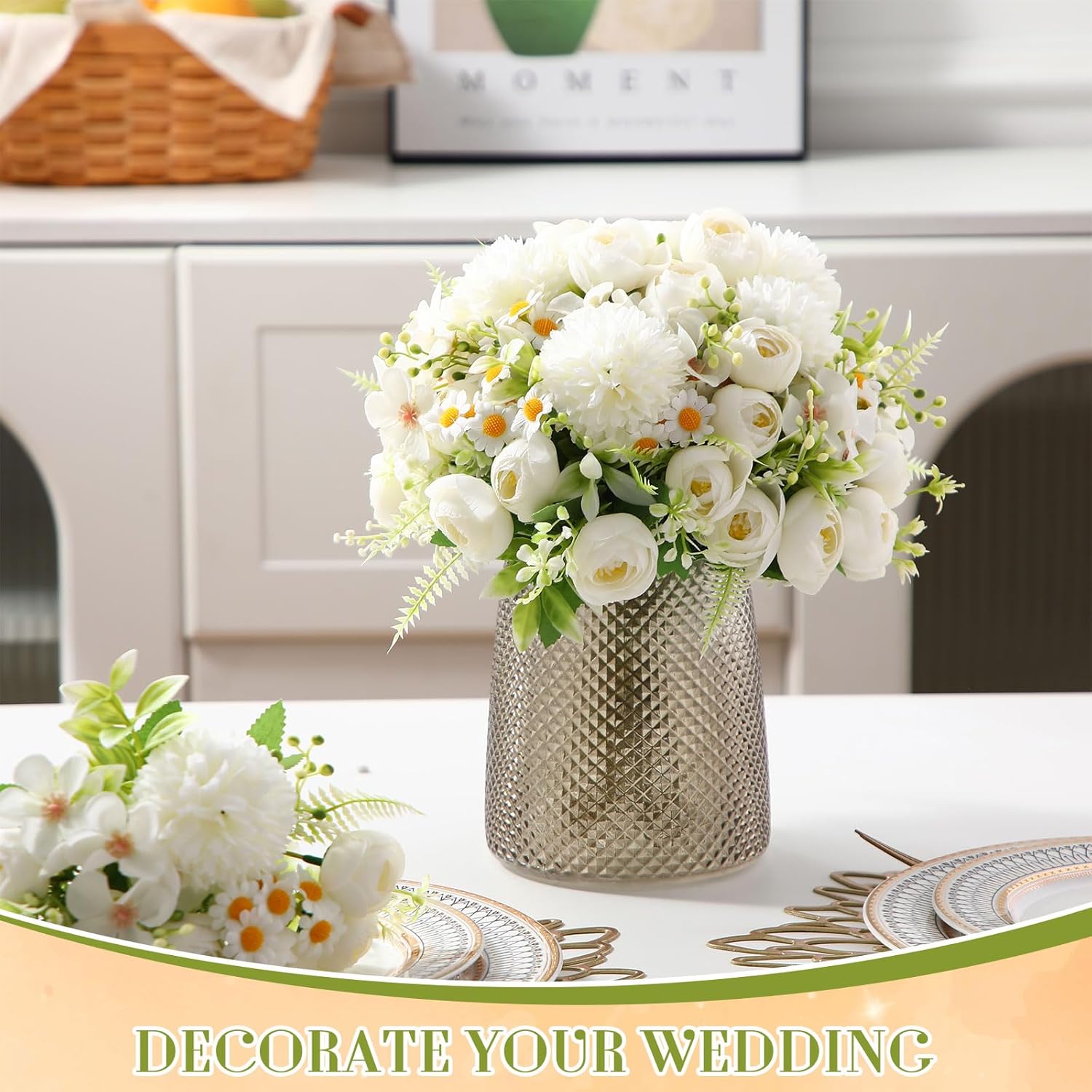 Tigeen 12 Bundles Peonies Artificial Flowers Faux Roses Silk Flowers Hydrangea Artificial Bouquet for Wedding Table Centerpiece Floral Vase Home Office Bridal Decor (Pure White) - Image 4