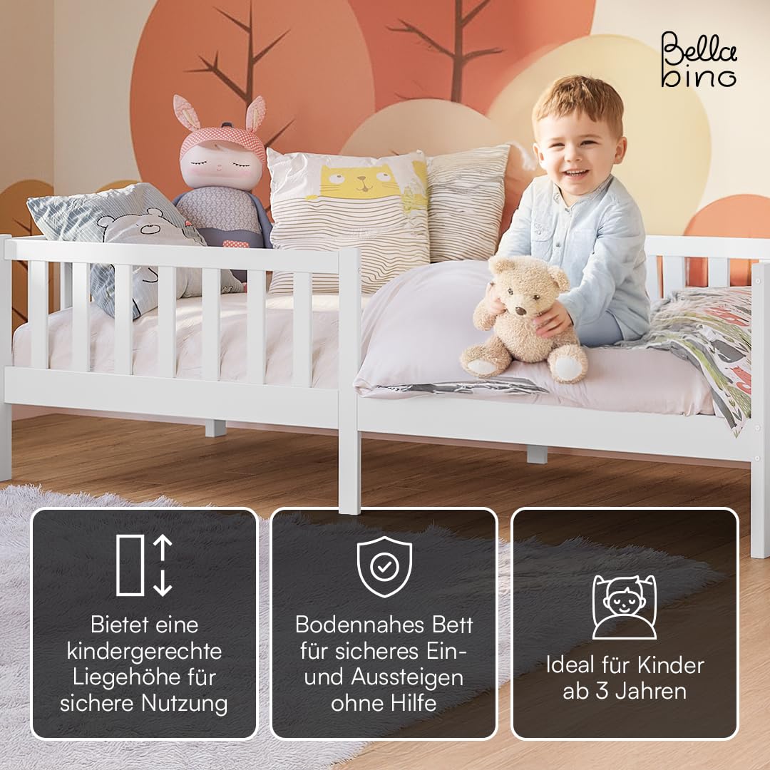 Bellabino Vere Kinderbett 90x200 cm – Montessori Bett mit Rausfallschutz & Lattenrost – Massives Kinder Bett für Jungen & Mädchen aus Holz Kiefer – Kleinkindbett in Weiß