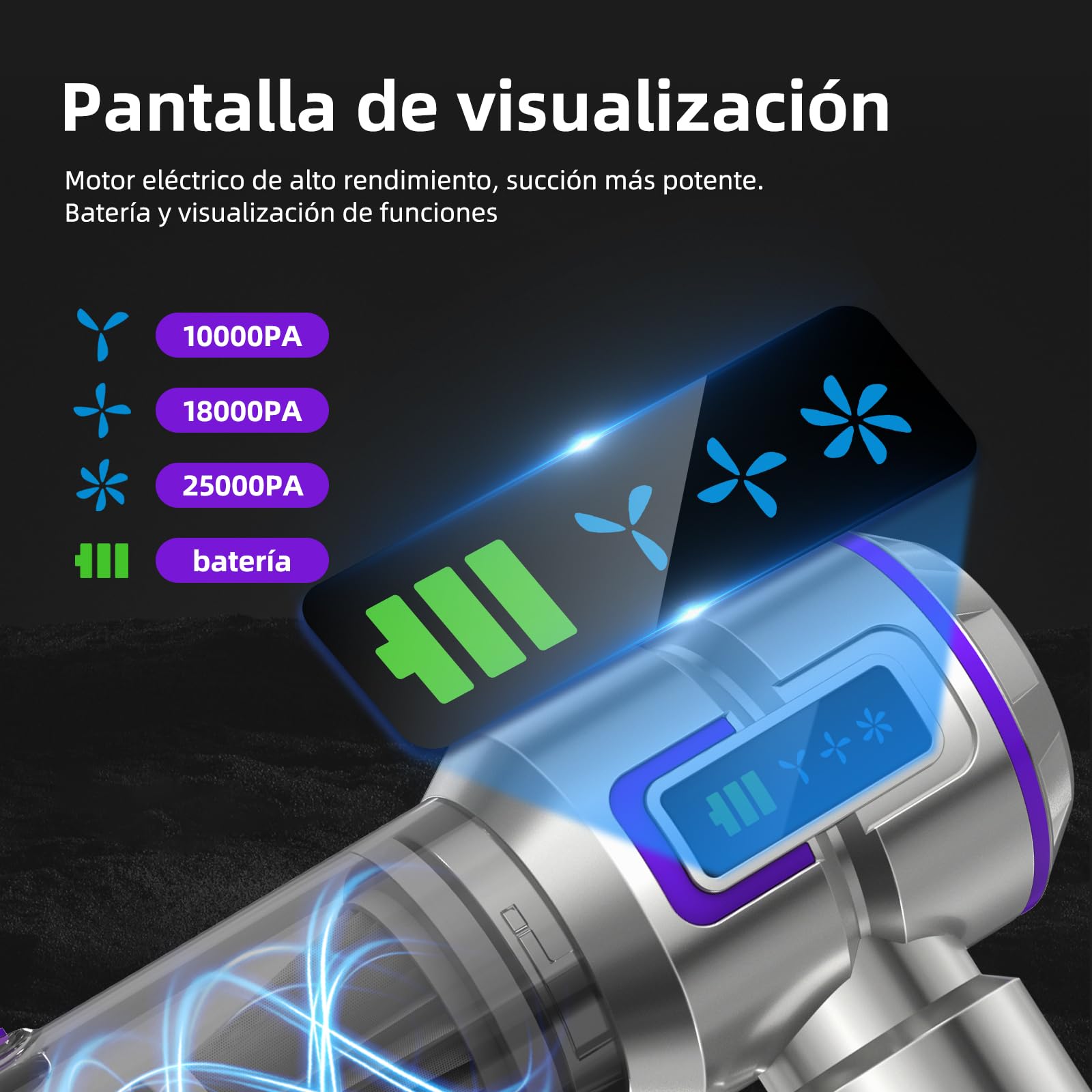 Aspirador de Mano, 25000Pa 4 en 1 Aspiradora sin Cable, Descarga de Polvo Auto-Aspirador con un Toque, Motor sin Escobillas, 3 Niveles de Succión, para el Hogar/Oficina/Coche/Pelo, Plateado