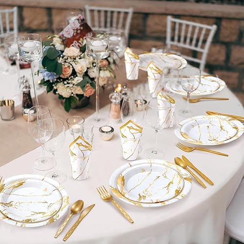 Miniatura 5 de Bokon El juego de vajilla desechable de 350 piezas de suministros de fiesta color blanco dorado incluye 100 platos, 50 vasos de papel de 9 onzas, 50