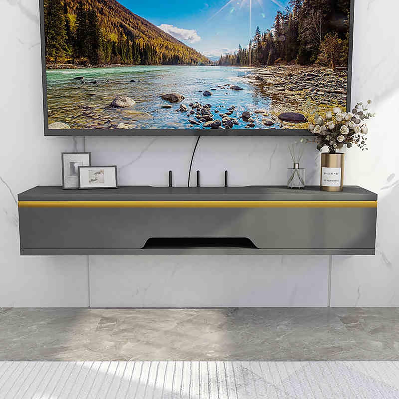 Meuble TV mural flottant luxueux et console multimédia design à rabat supérieur