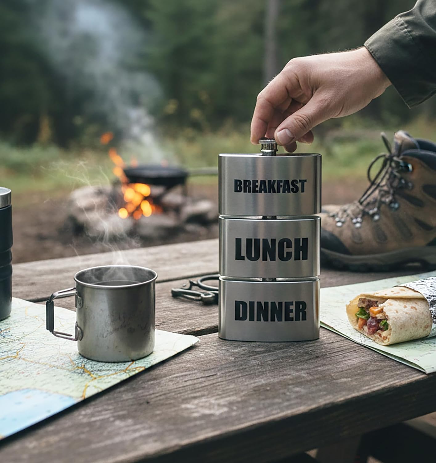 Set of 2 Stainless Steel Triple Stack 9 Oz Classic Hip Flasks (Breakfast, Lunch & Dinner)