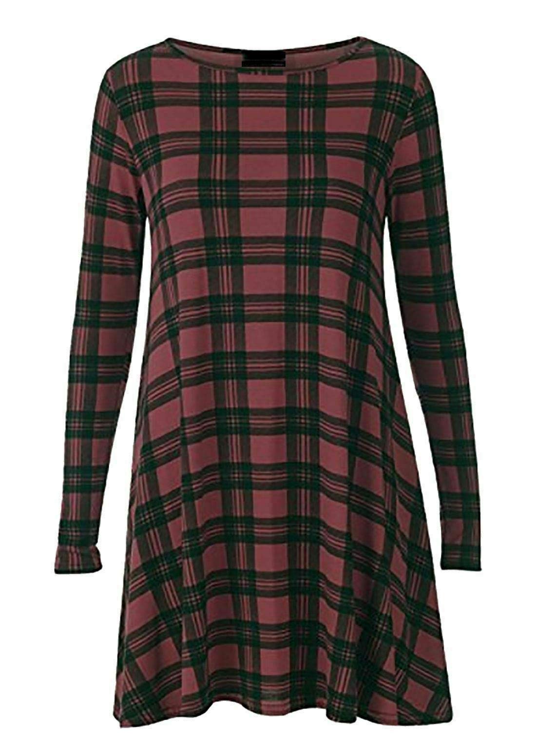 Fairy Boutique Women's Wine Tartan Plain Long Sleeve Stretch A Line Swing Dress Flared Skater Top Printed Plus Size T-Shirt 8-26 ( Uk 20-22)