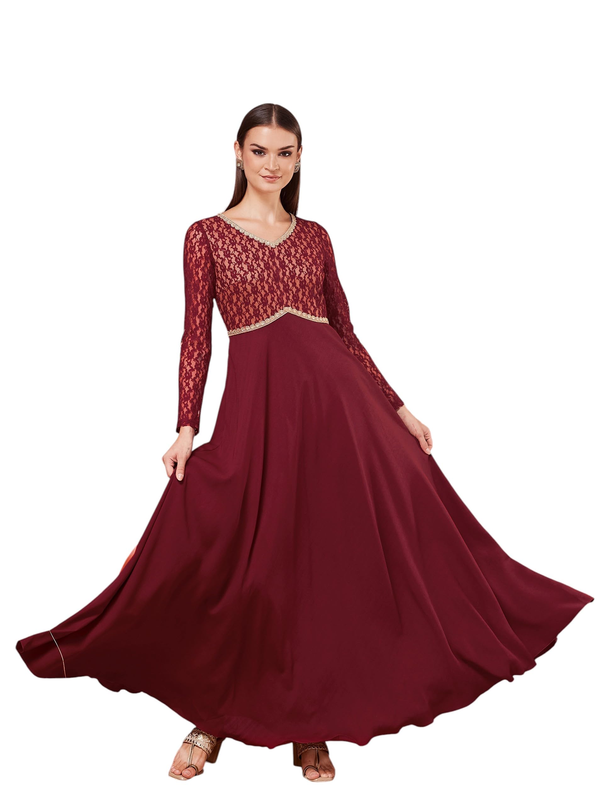 miss chase Women’s V-Neck Full Sleeve Self Design Fit & Flare Maxi Crepe Dress-picture-26