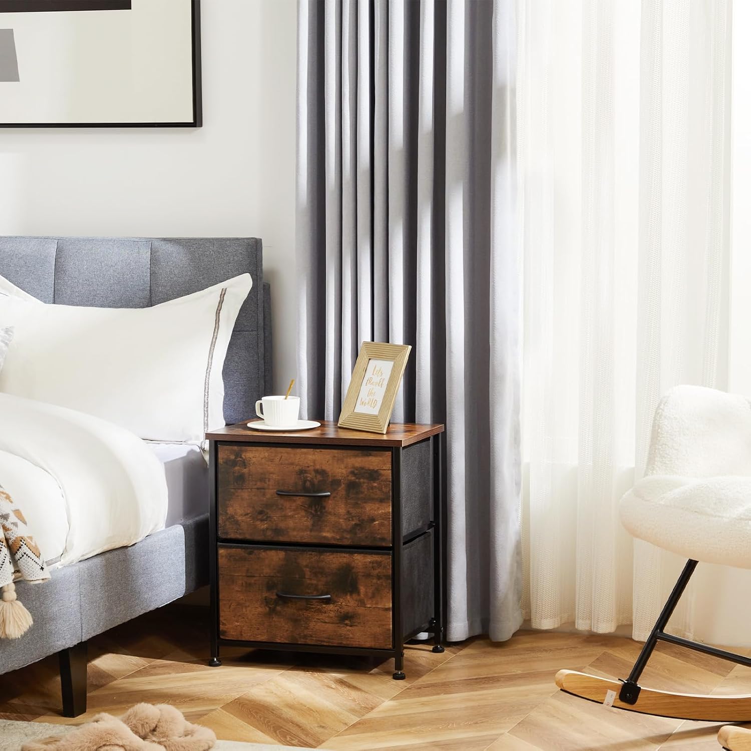 DUMOS Nightstand Small Dresser with 2 Fabric Drawers Side Bedroom End Table Kids Bedside Storage Furniture for 20 inch Tall Night Stand for Closet, Entryway, College Dorm