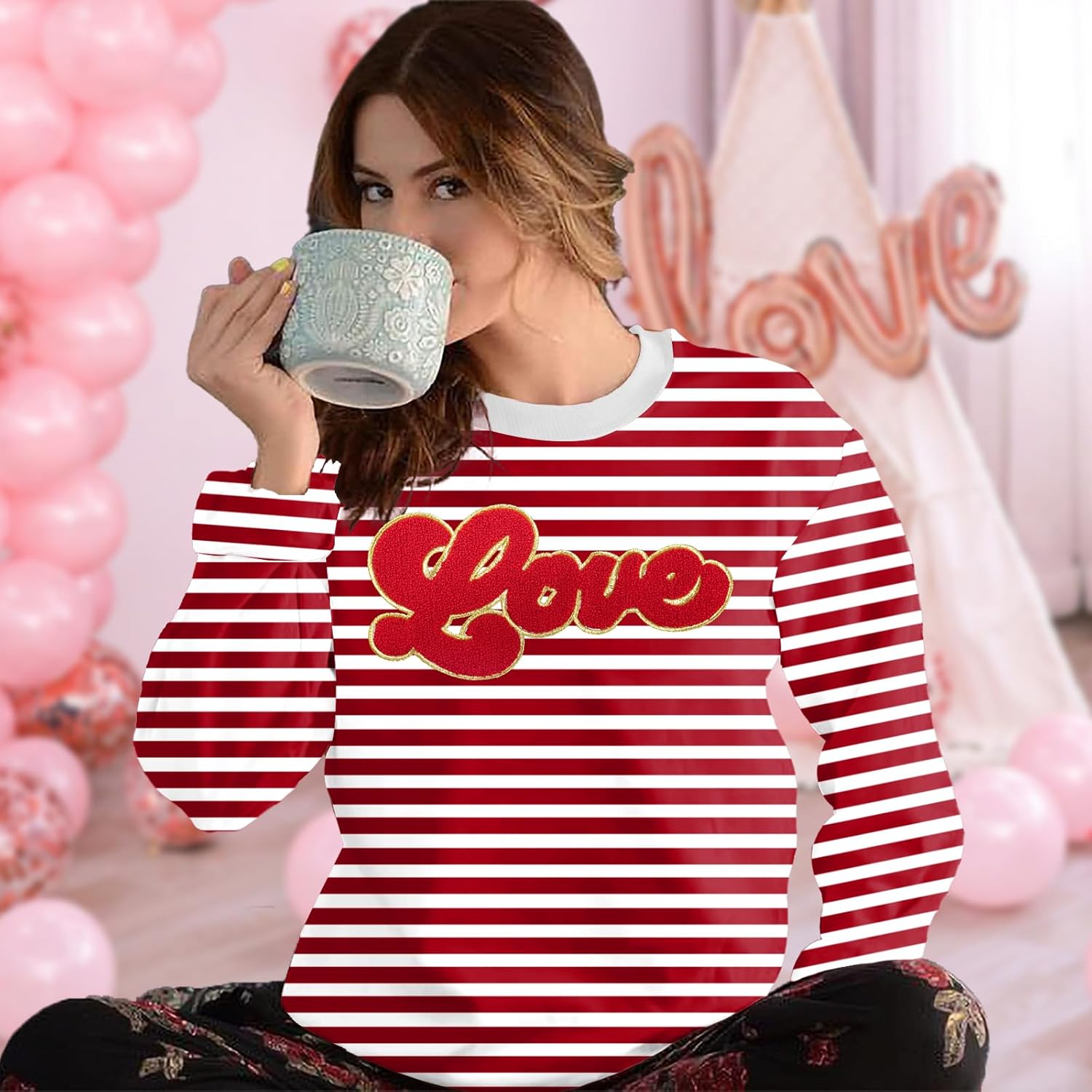 Valentines Sweatshirt Women: Love Chenille Pach Sweatshirts Valentines Shirt Love Heart Pullover Tops - Image 3