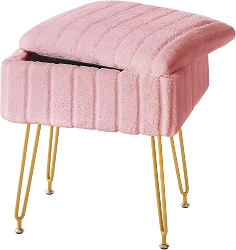 Taburete de tocador con almacenamiento, silla de tocador rosa, 4 patas de metal con pies antideslizantes, asiento acolchado suave de piel sintética,