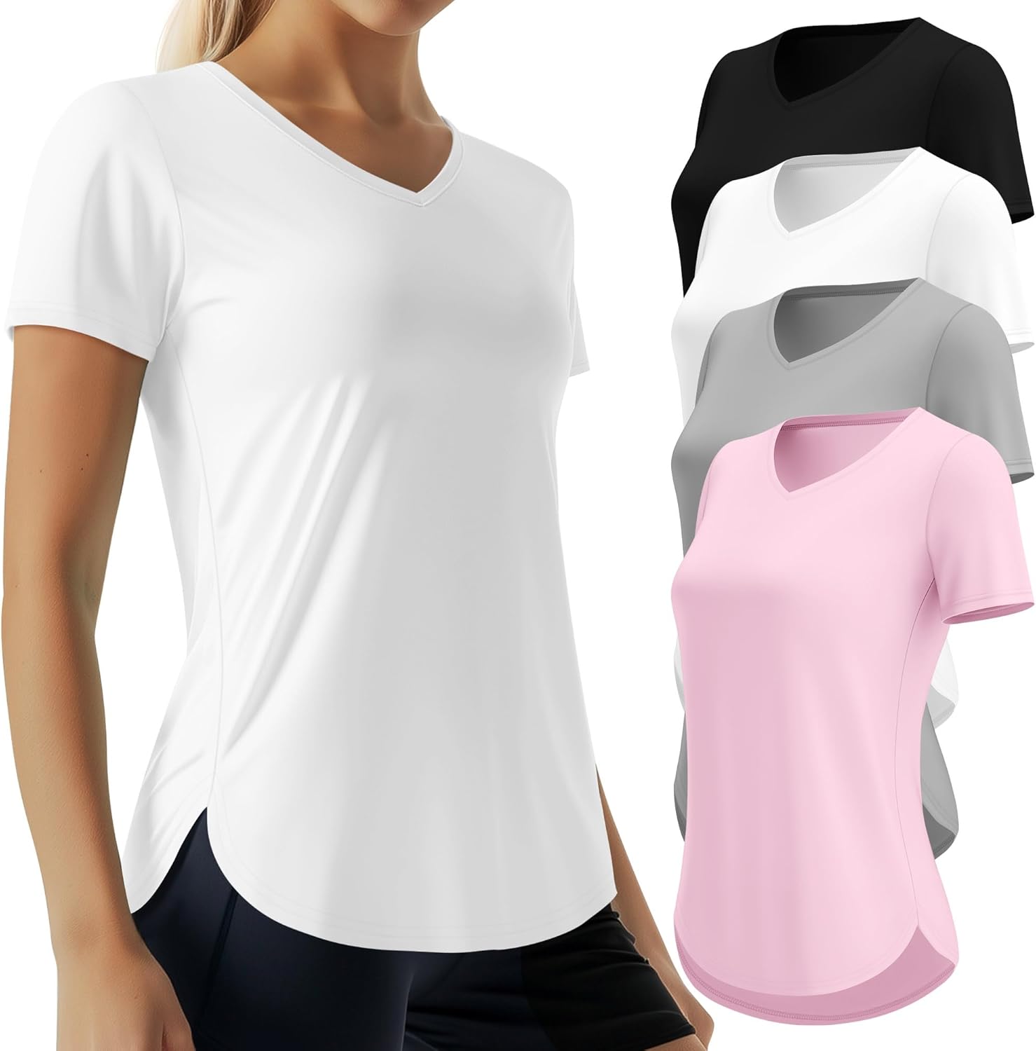 4 Pack Women's Short Sleeve Workout T Shirt Side Slits Curved Hem V Neck Breathable Exercise Tops Quick Dry UV Tee(Black, White, Light Gray, Light Pink,Medium)