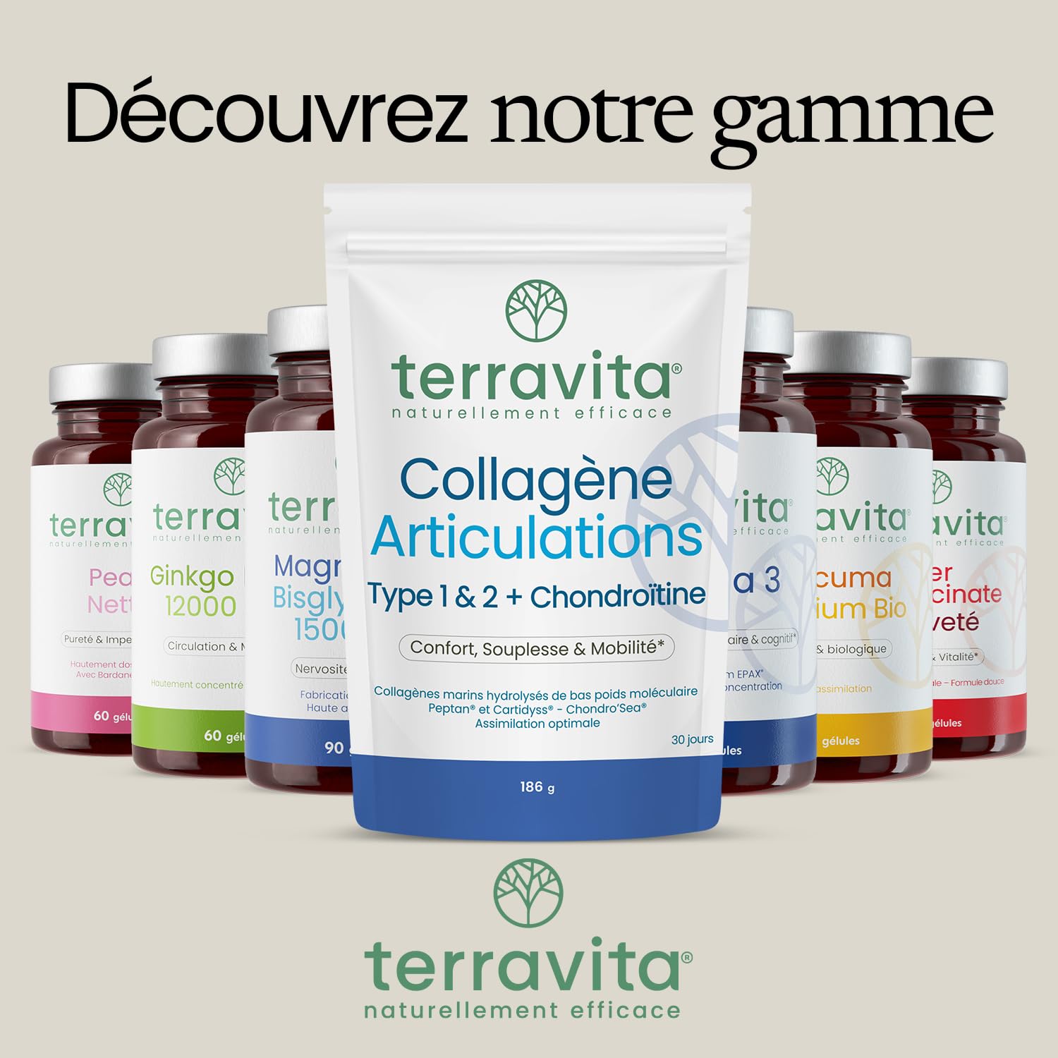 Collagène Articulations en Poudre | Peptides de Collagène Marin Peptan® & Cartidyss® Types 1 et 2 + Chondroïtine Chondro’Sea® + Vitamine C | 30 Jours de Cure | Made in France | Terravita