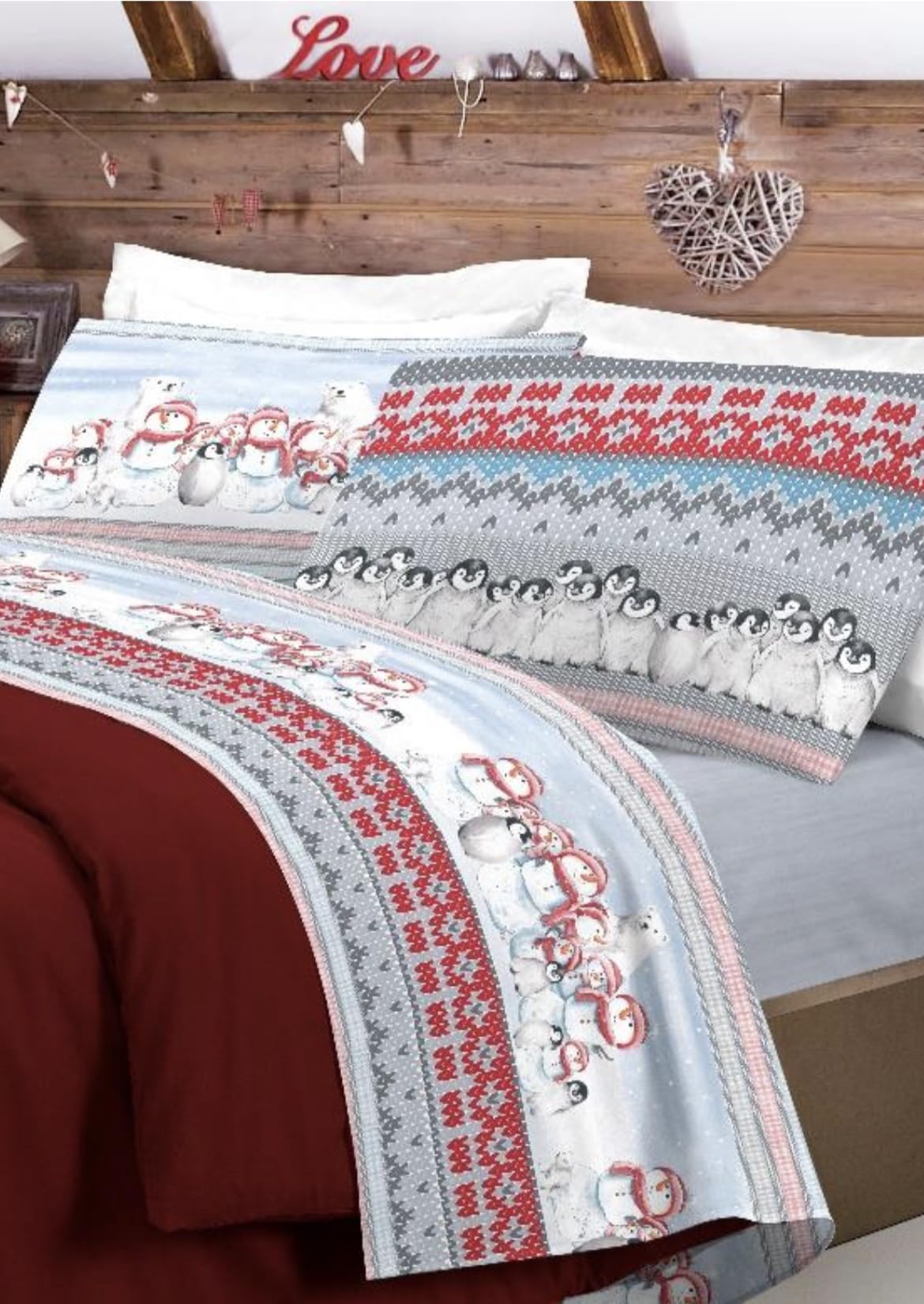 COMPLETO LENZUOLO FLANELLA INVERNO PUPAZZI NEVE PINGUINI ROSSO PENSIERI DELICATI MADE IN ITALY (Singolo)