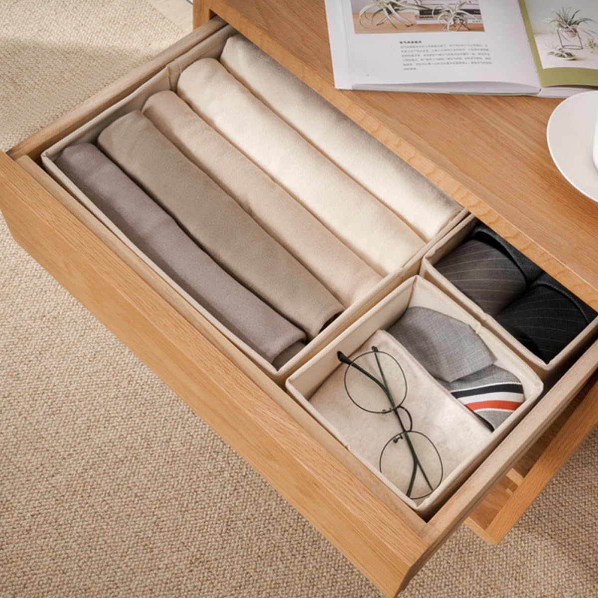 Generico Set 3 Pezzi Organizer per Cassetti Beige per Calzini e Biancheria Intima Scomparti per Cassetti e Stanze di Stoccaggio