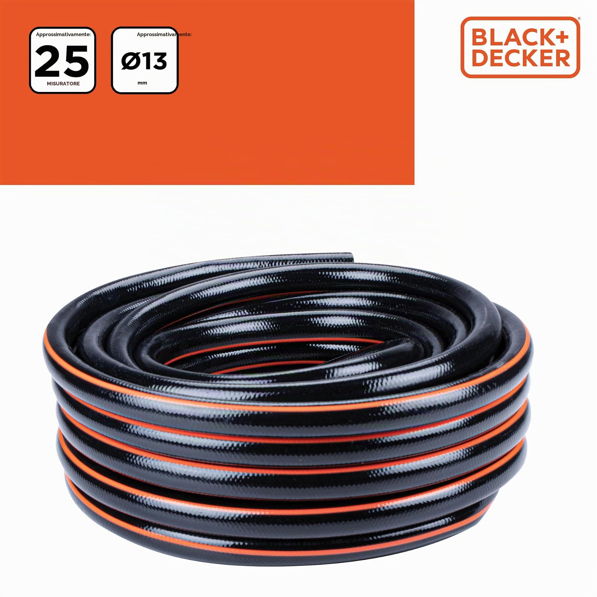 BLACK+DECKER Tubo da giardino, 25 metri, diametro 13 mm, resistente PVC, irrigazione da giardino, lavaggio auto, riempimento piscina, adatto per ogni rubinetto standard, colore nero/arancione