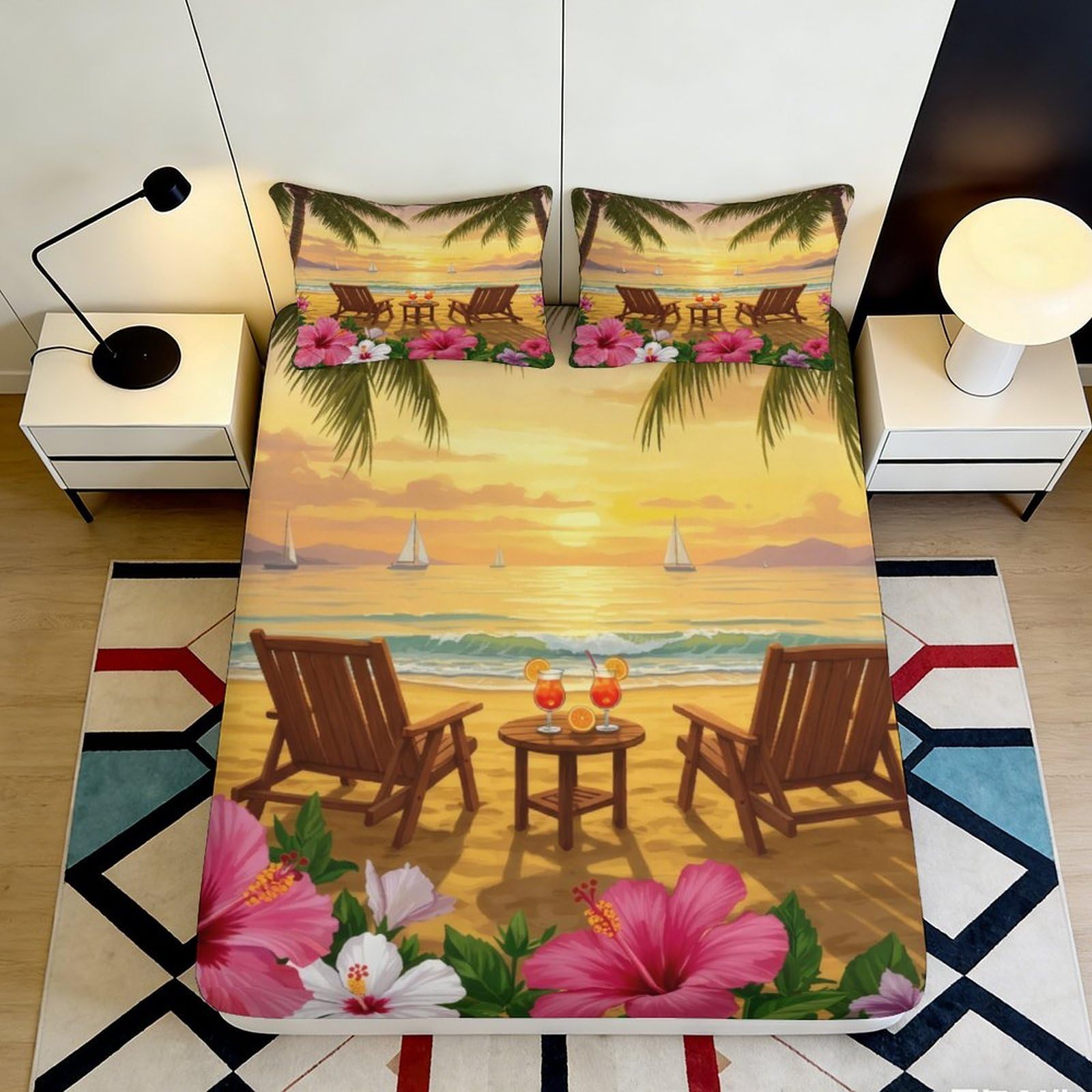 Pnayamiorkfel Style-4 3D Printed Sunset Beach Fitted Sheet Microfiber Hibiscus Floral Mattress Cover For Bedroom Guest Room Decoration 90X200x25cm