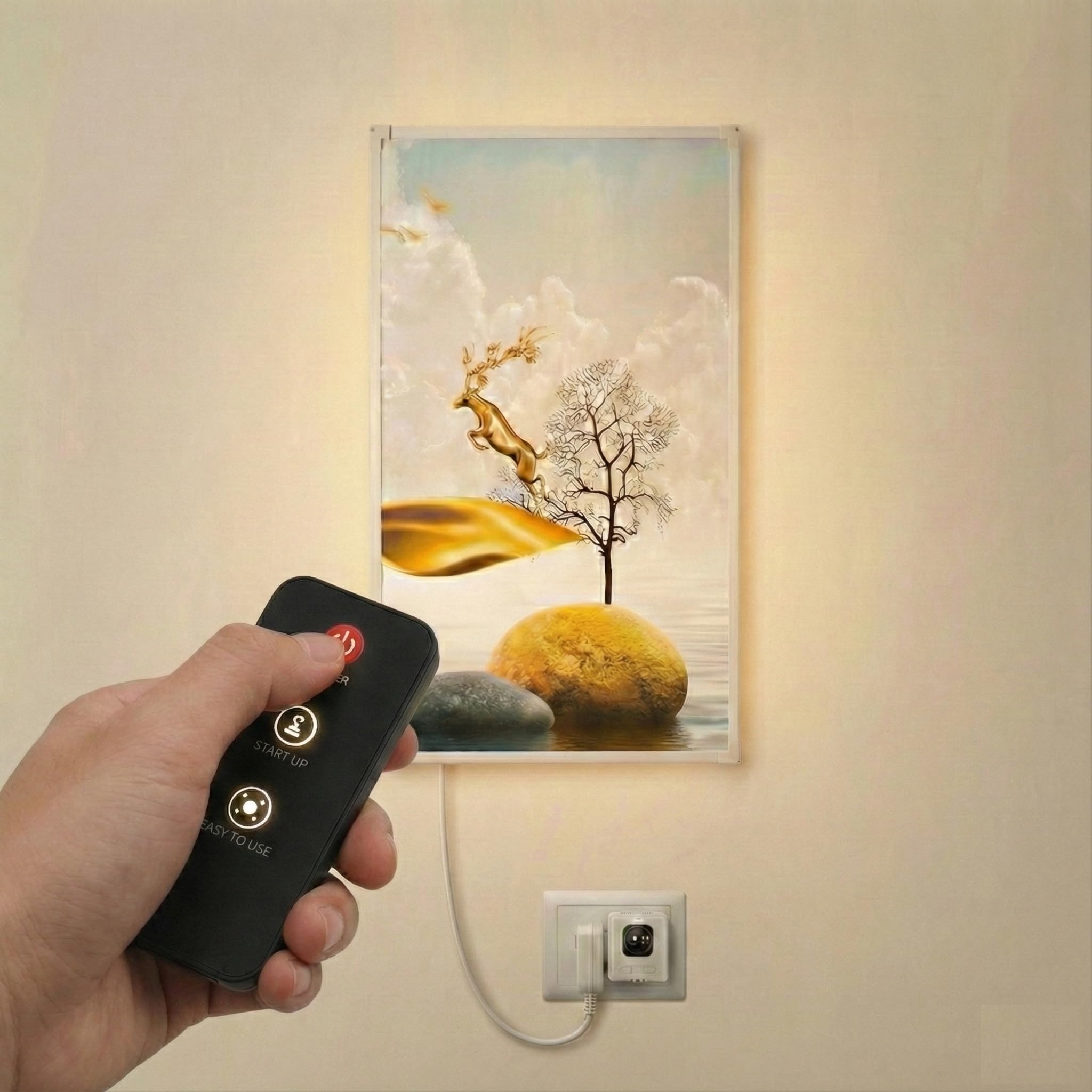 Innovative Wall-Mounted Electric Film Room Heater Painting (500W) - Silent Infrared Space Heater for Room up to 200 Sq/Ft, Energy Efficient, Fireproof & Slim Design (Golden Deer Art)