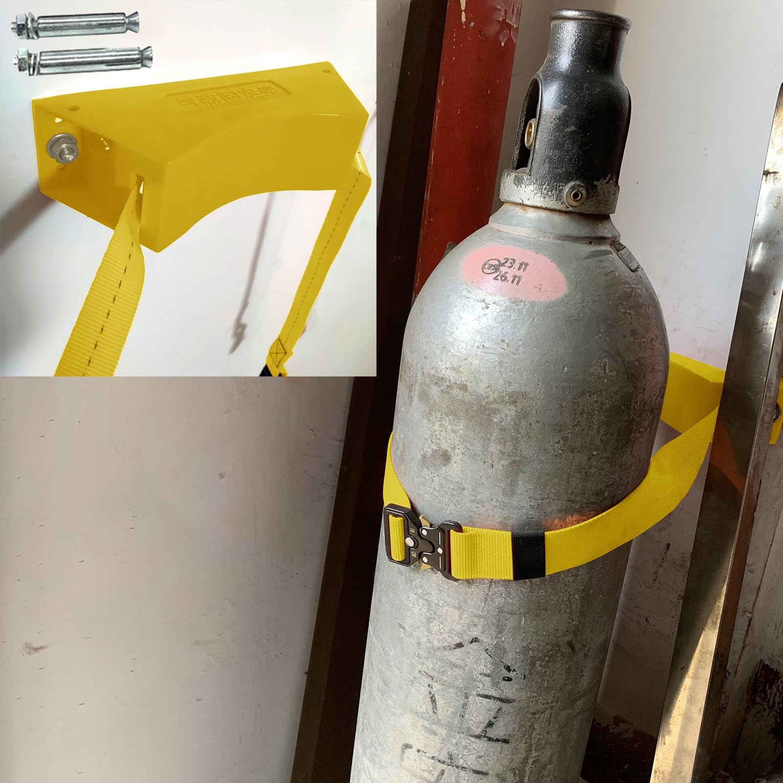 ASerZenith Oxygen Cylinder Rack Propane Tank Holder Bracket Wall Mount, Nitrogen Tank Holder Oxygen Cylinder Stand, Plastic Oxygen Tank Holder With Safety Strap,Yellow-5Pcs