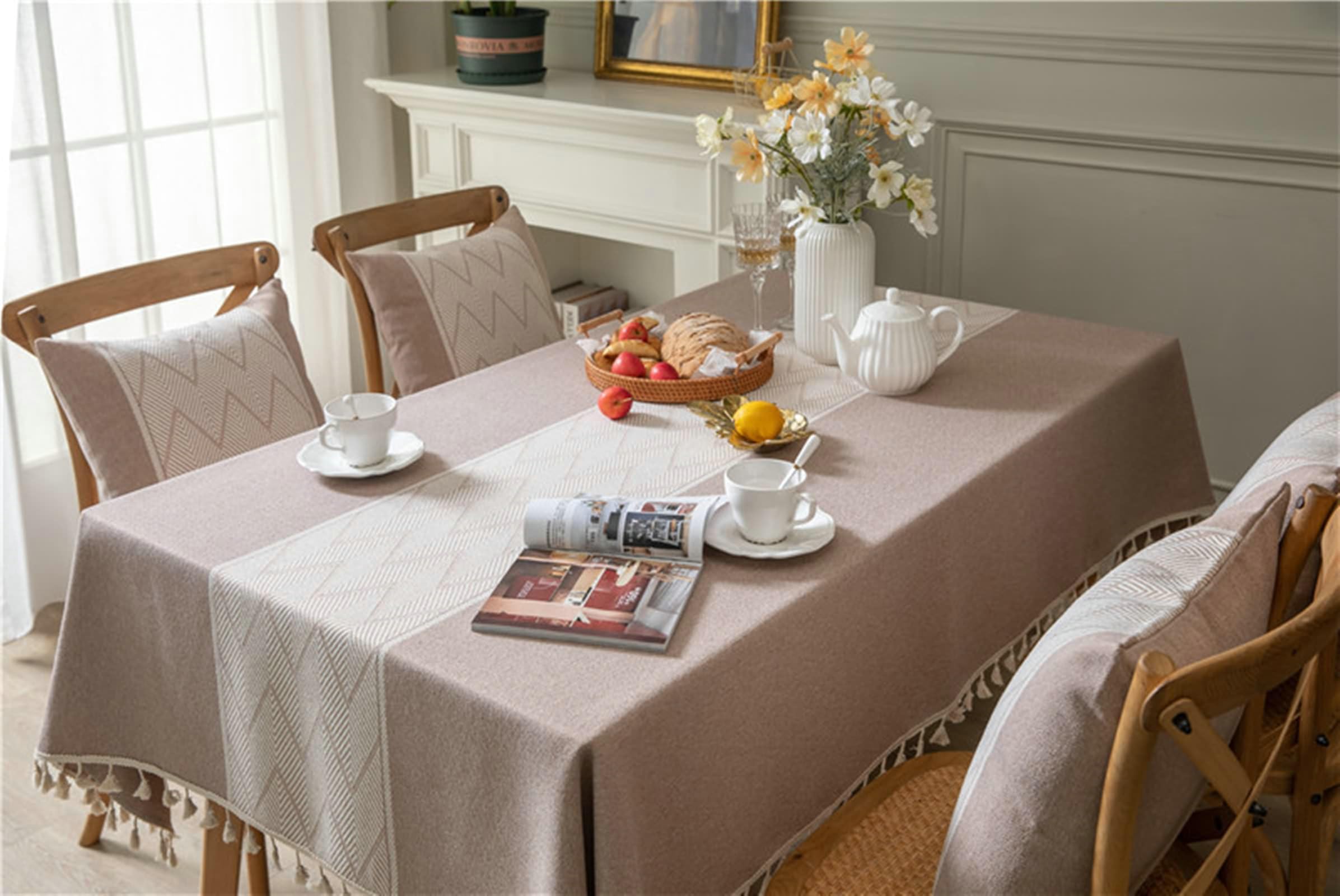 Gualiy Manteles Tela Mesa Rectangular, Poliéster Algodón Mantel Comedor 140x220CM Manteles Mesa Antimanchas Rayas Onduladas con Borlas Mantel para Mesa Cocina, Caqui