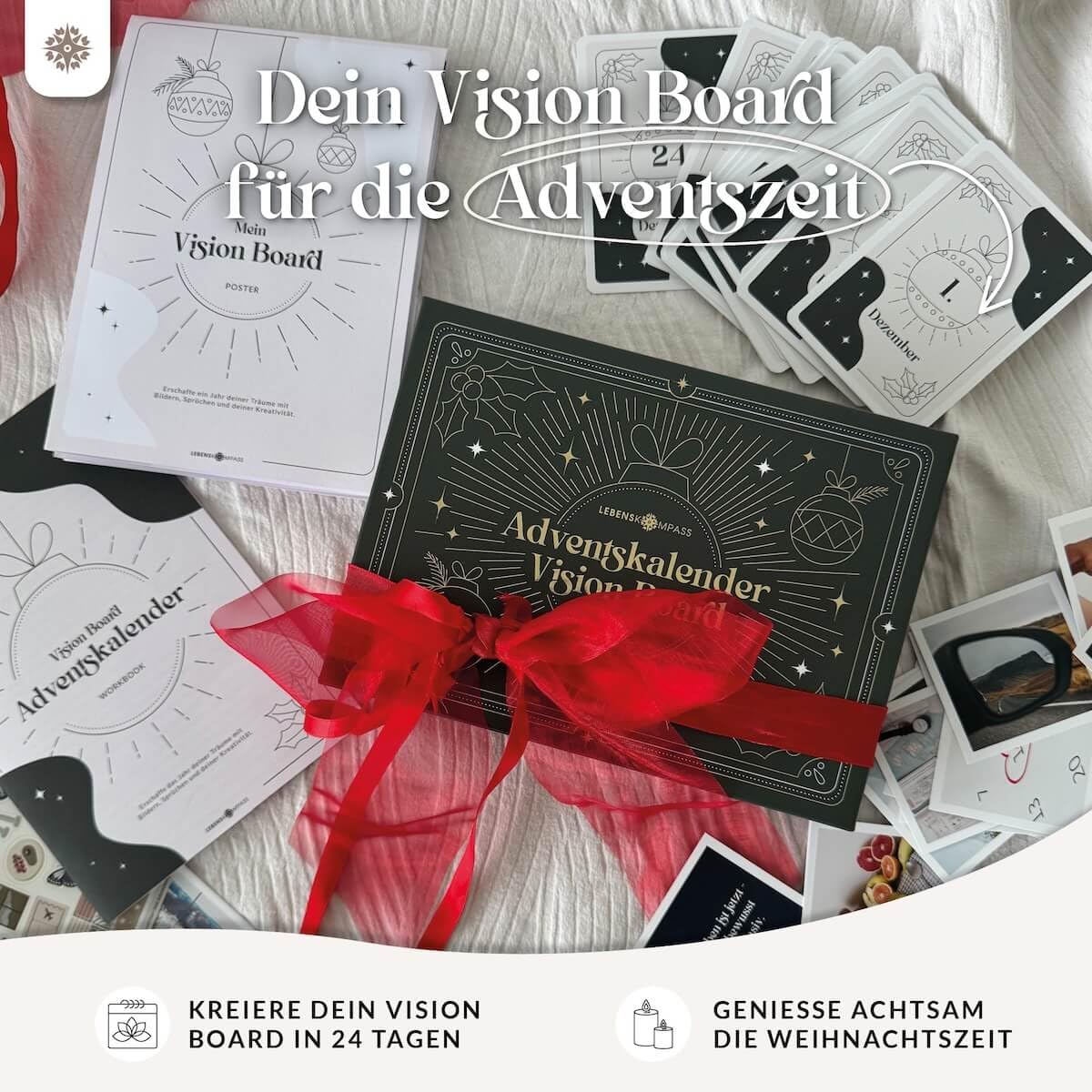 Lebenskompass® Adventskalender Jahresunabhängig Vision Board - Erreiche Deine Ziele - Achtsames Workbook mit wertvollen Aufgaben - Geschenk für die Adventszeit mit Bildern, Sprüchen und Stickern