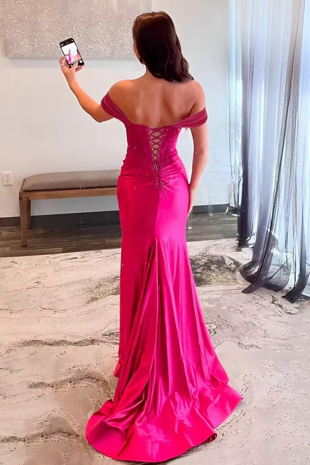 Sparkly Sequin Off Shoulder Prom Dresses Long for Women Satin Mermaid Formal Evening Dress with Slit