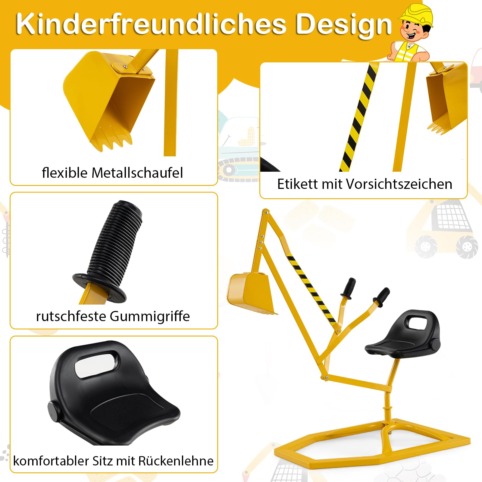 DREAMADE Kinder Bagger für Sandkasten, Metall-Aufsitzbagger mit 360° drehbarem Sitz, Flexibler Schaufel, für Erde, Schnee, Strand, Bagger zum draufsitzen für Kinder ab 3 Jahren (Gelb)