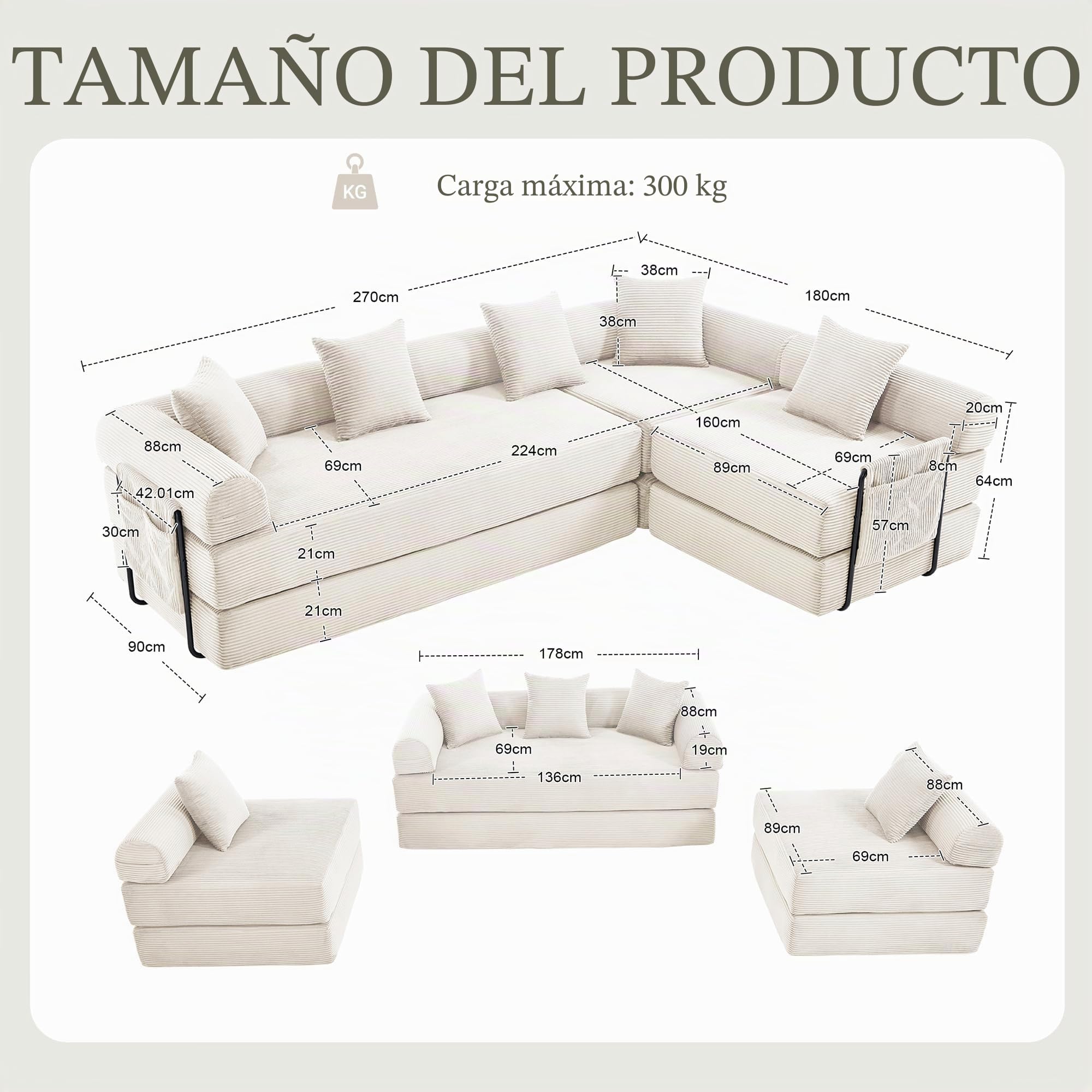 Lubvtti Sofá cama de 3 plazas con bolsillos laterales más 3 cojines, estructura de metal resistente, sofá modular plegable de compresión, sofá de 3 plazas de terciopelo acanalado (B-beige + 5 plazas)
