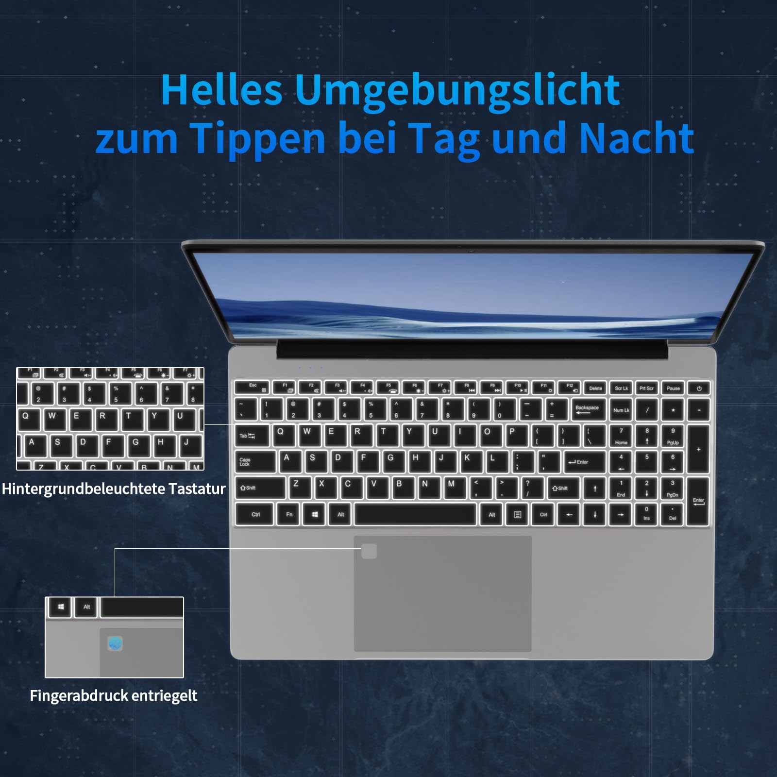 Laptop 15,6 Zoll Full HD IPS Display | Notebook mit Fingerabdruck-ID & Beleuchteter Tastatur, 8GB RAM 256GB SSD, Intel Quad-Core N5100, Schlankes Design für Business, Uni & Home Office