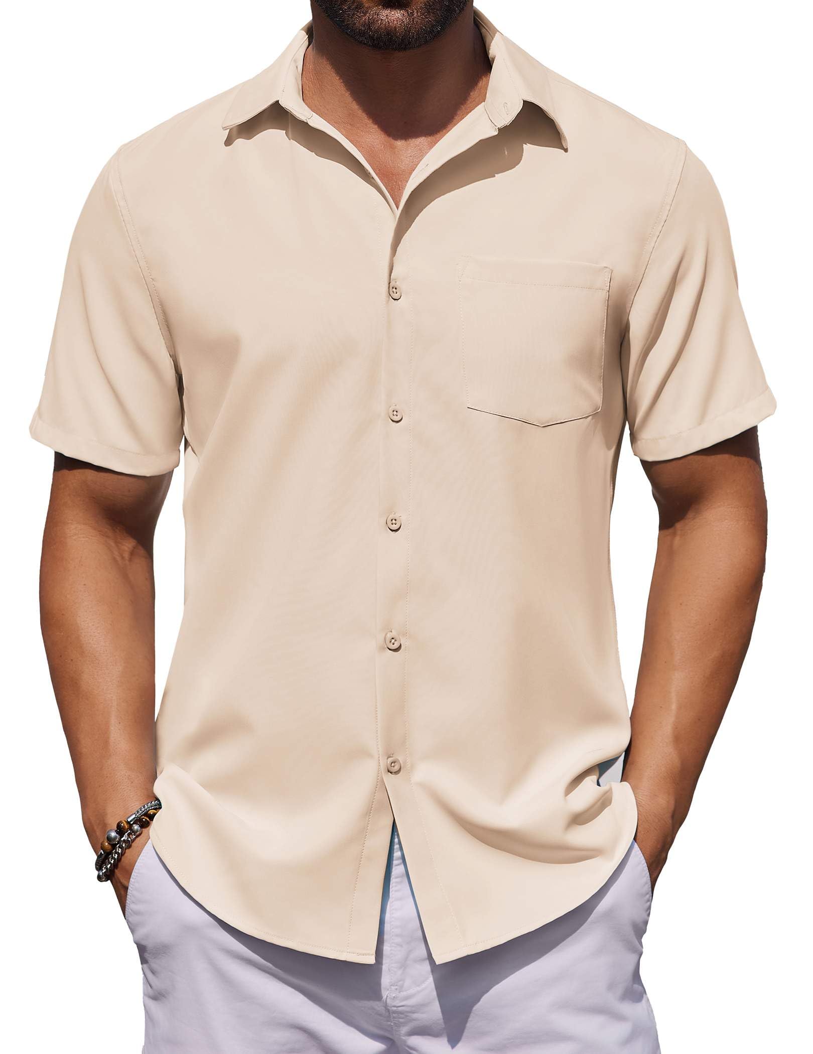 COOFANDY Mens Button Down Shirts Short Sleeve Stain Shield Dress Shirts Business Casual Shirt with Pocket